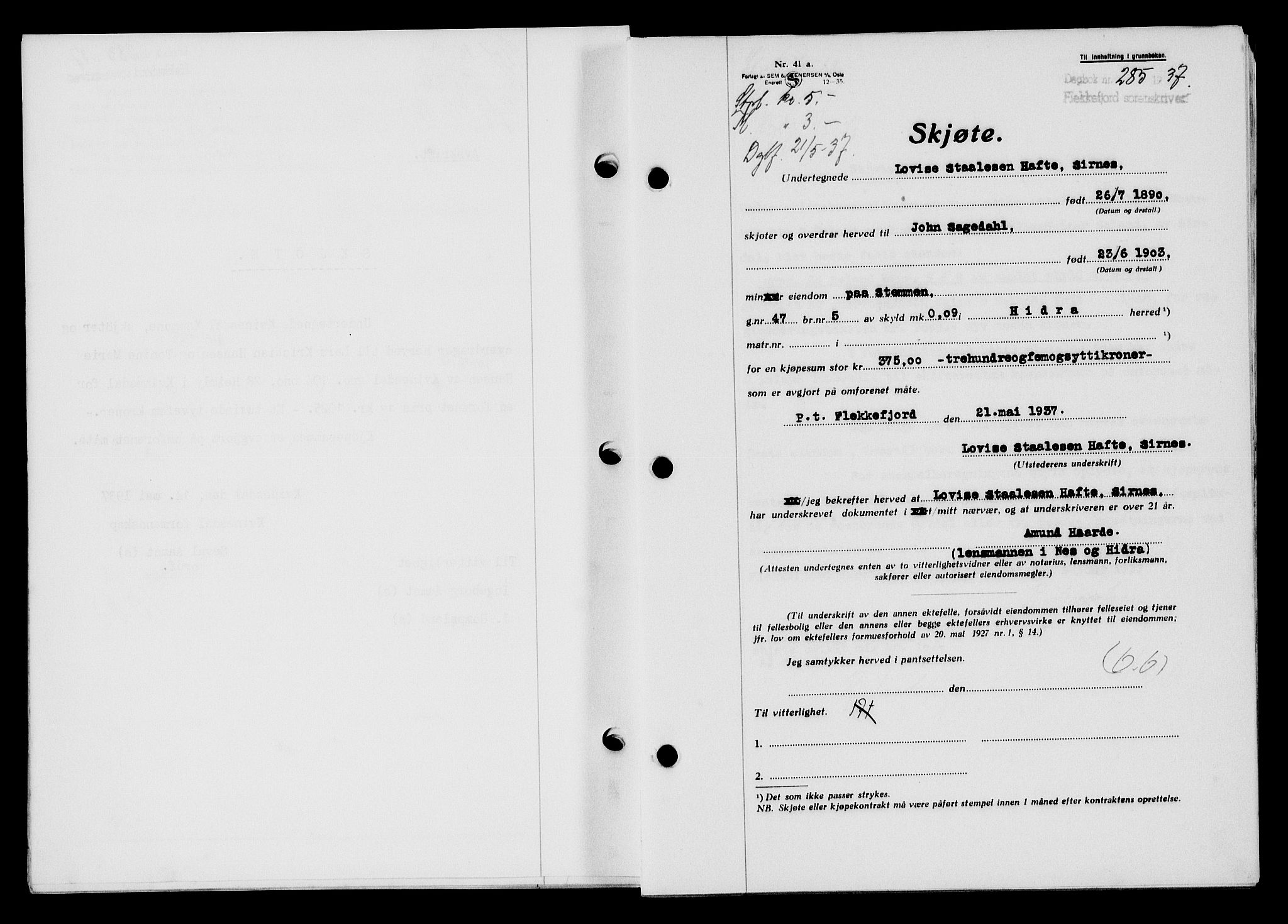 Flekkefjord sorenskriveri, SAK/1221-0001/G/Gb/Gba/L0053: Mortgage book no. A-1, 1936-1937, Diary no: : 285/1937