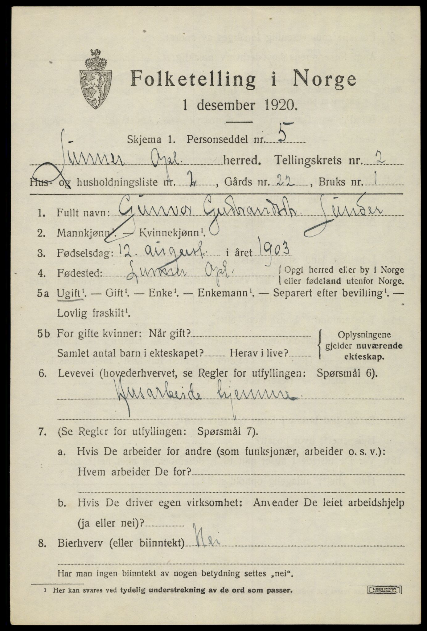 SAH, 1920 census for Lunner, 1920, p. 2879