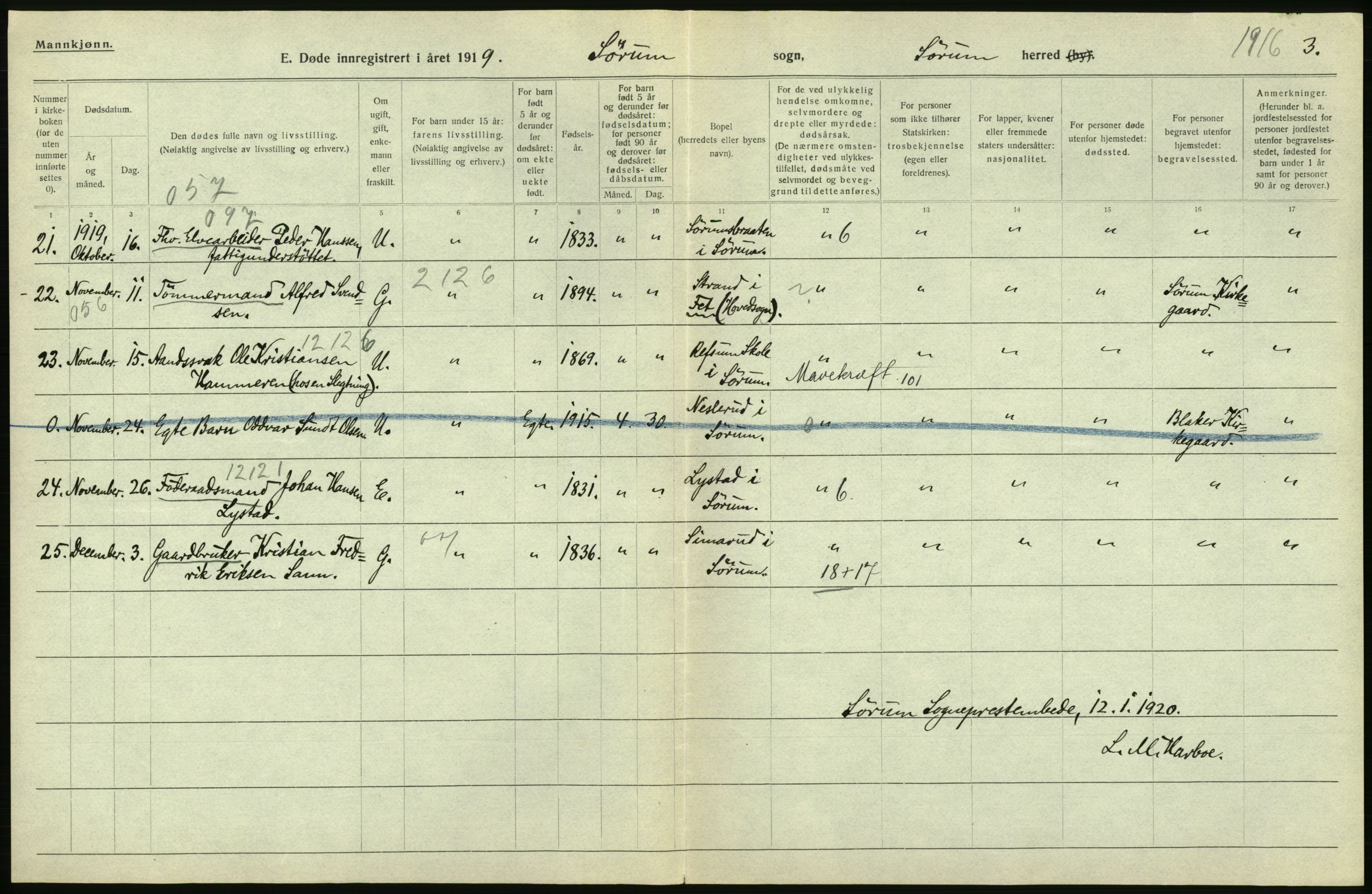 Statistisk sentralbyrå, Sosiodemografiske emner, Befolkning, RA/S-2228/D/Df/Dfb/Dfbi/L0006: Akershus fylke: Døde. Bygder og byer., 1919, p. 190