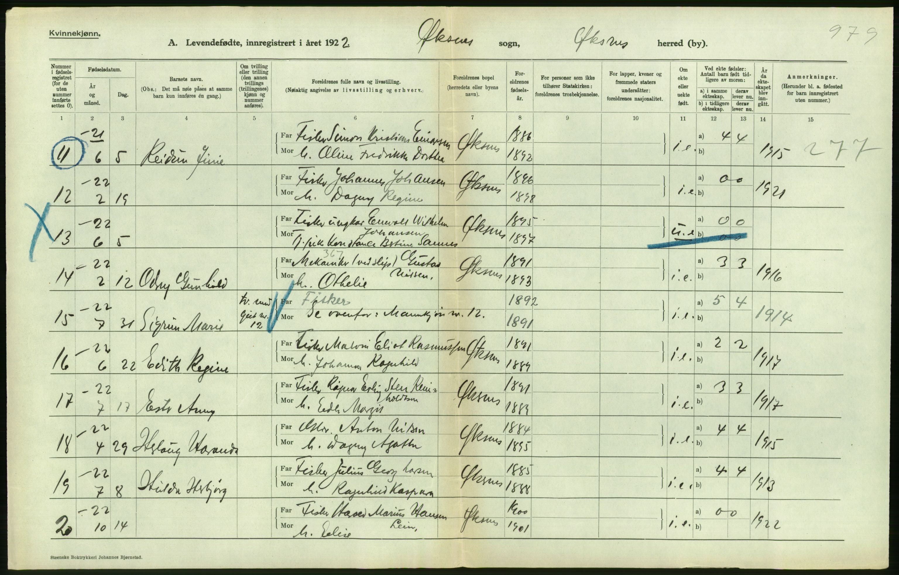 Statistisk sentralbyrå, Sosiodemografiske emner, Befolkning, RA/S-2228/D/Df/Dfc/Dfcb/L0044: Nordland fylke: Levendefødte menn og kvinner. Bygder og byer., 1922, p. 428