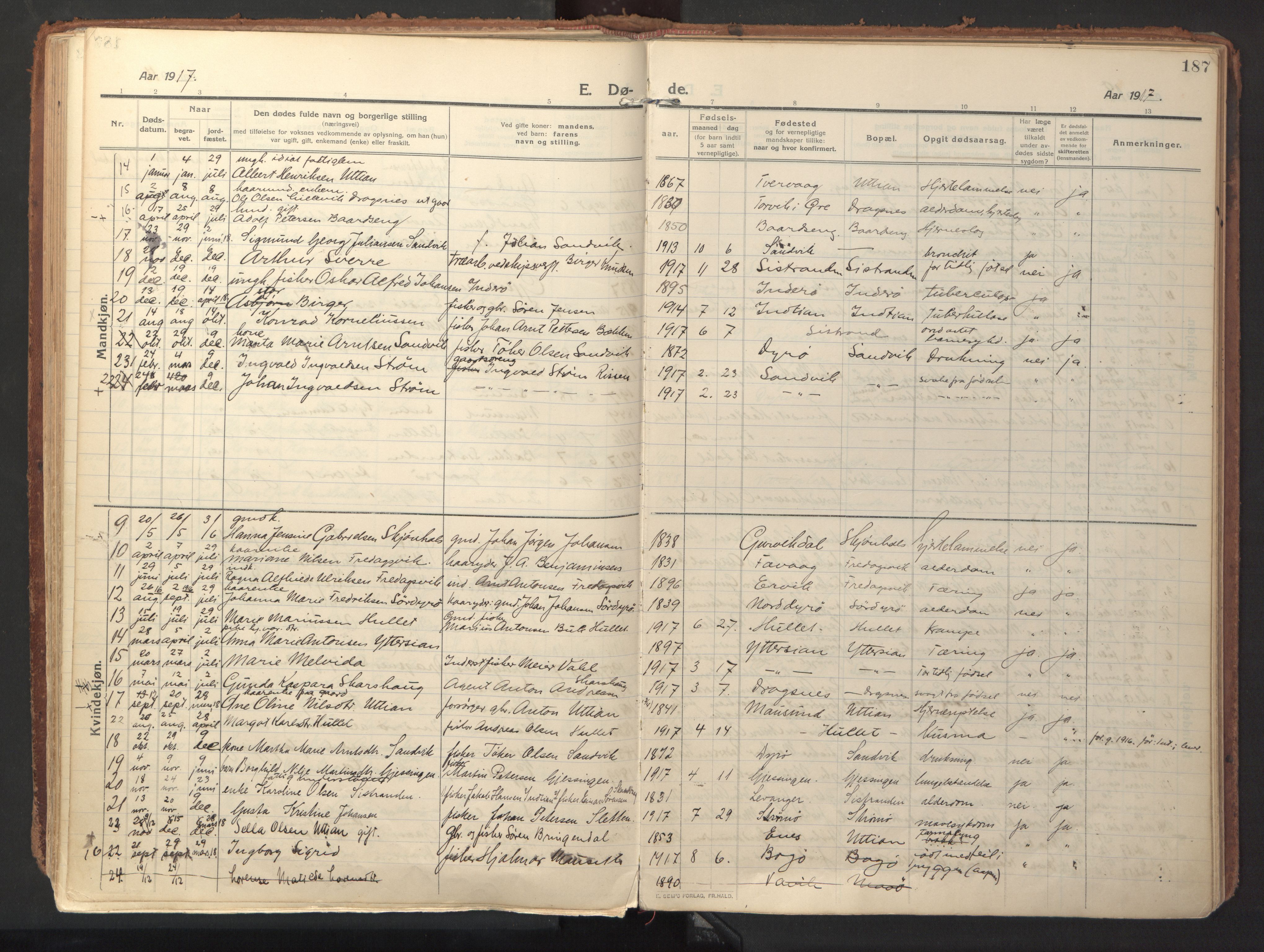 Ministerialprotokoller, klokkerbøker og fødselsregistre - Sør-Trøndelag, SAT/A-1456/640/L0581: Parish register (official) no. 640A06, 1910-1924, p. 187