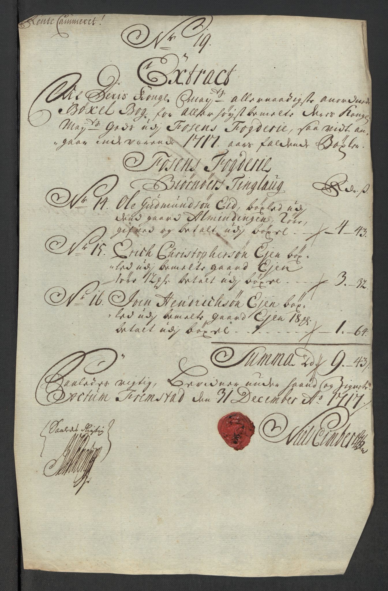 Rentekammeret inntil 1814, Reviderte regnskaper, Fogderegnskap, RA/EA-4092/R57/L3865: Fogderegnskap Fosen, 1717, p. 190