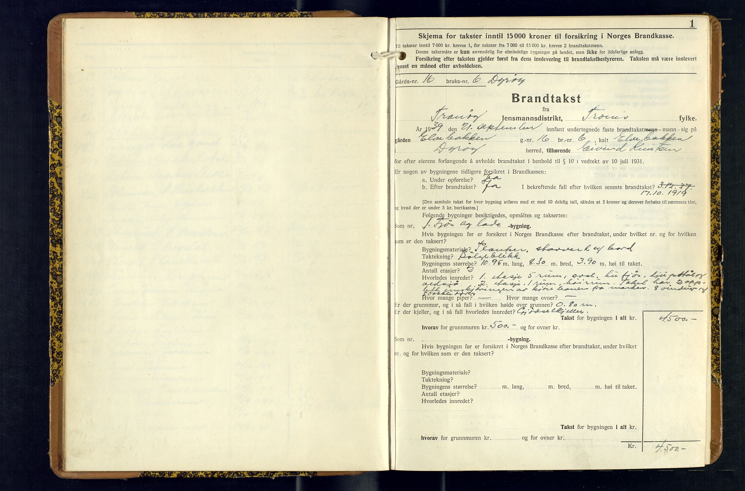 Tranøy lensmannskontor (Sørreisa lensmannskontor), AV/SATØ-SATØ-46/1/F/Fq/Fqc/L0271: Branntakstprotokoller, 1939-1947, p. 1