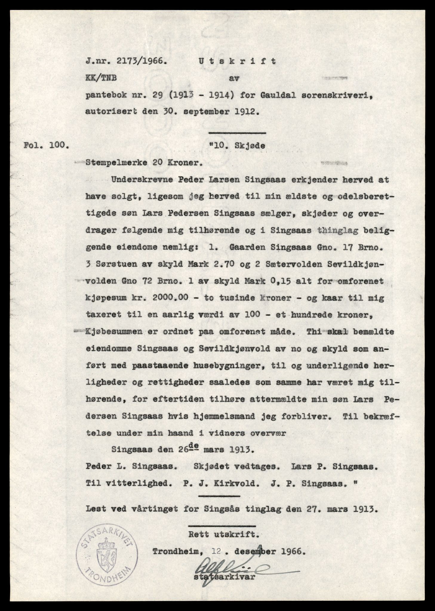 Statsarkivet i Trondheim, AV/SAT-A-4183/J/Jh/L0009: Pantebok 29, 1912-1936