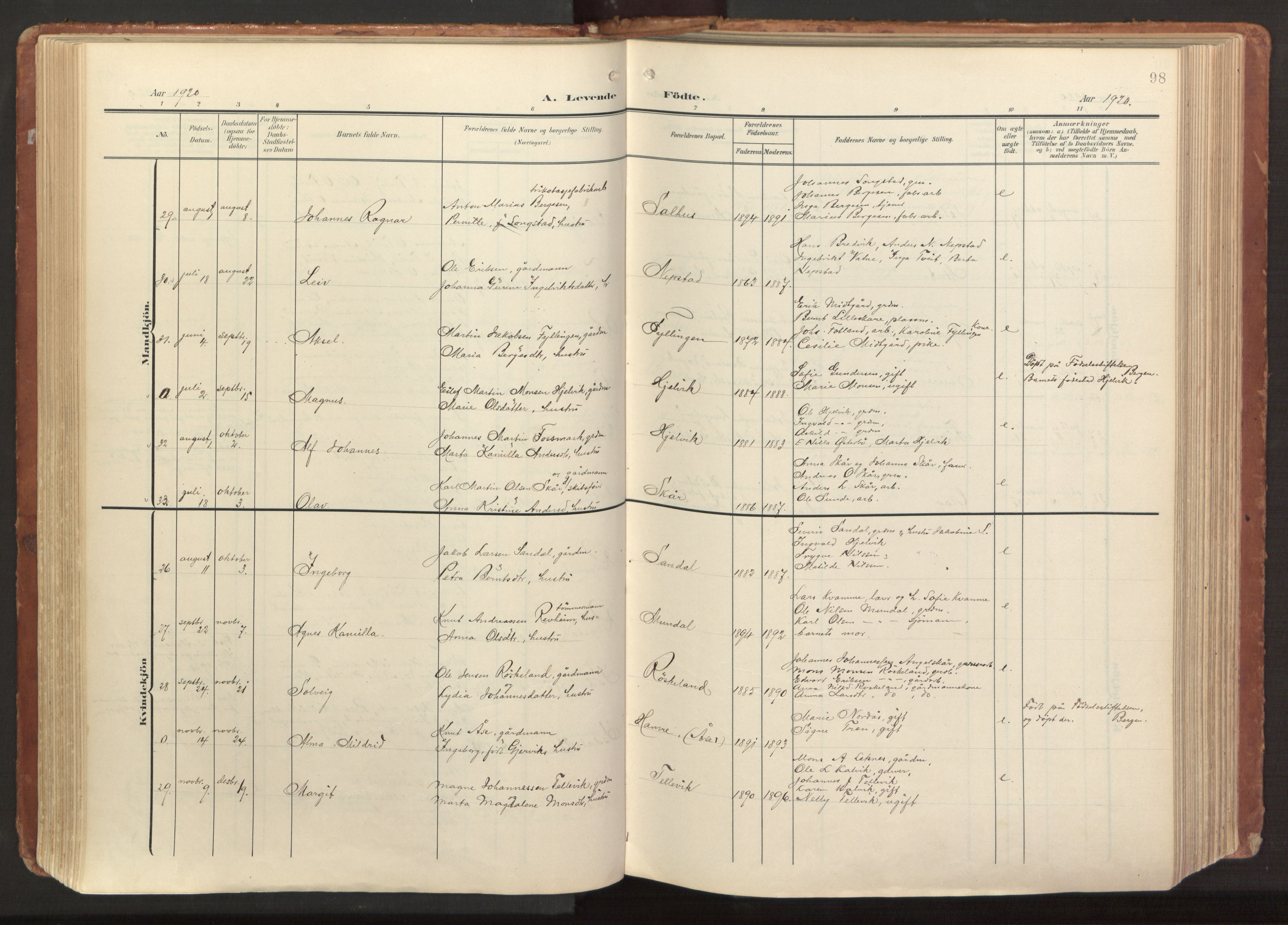 Hamre sokneprestembete, AV/SAB-A-75501/H/Ha/Haa/Haab/L0002: Parish register (official) no. B 2, 1905-1924, p. 98