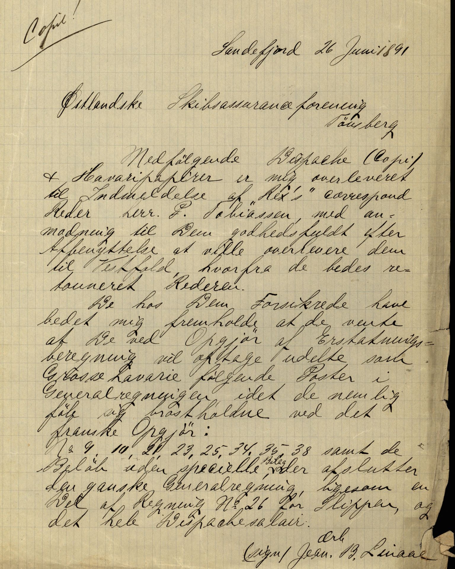 Pa 63 - Østlandske skibsassuranceforening, VEMU/A-1079/G/Ga/L0026/0009: Havaridokumenter / Rex, Resolve, Regulator, Familien, Falcon, Johanne, 1890, p. 4