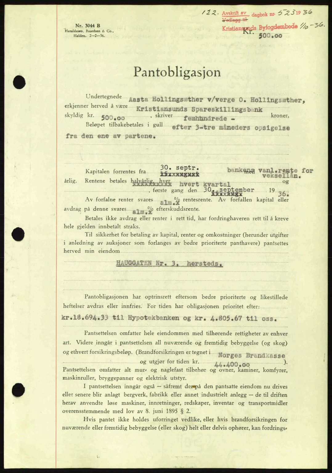 Kristiansund byfogd, AV/SAT-A-4587/A/27: Mortgage book no. 29, 1936-1937, Diary no: : 523/1936