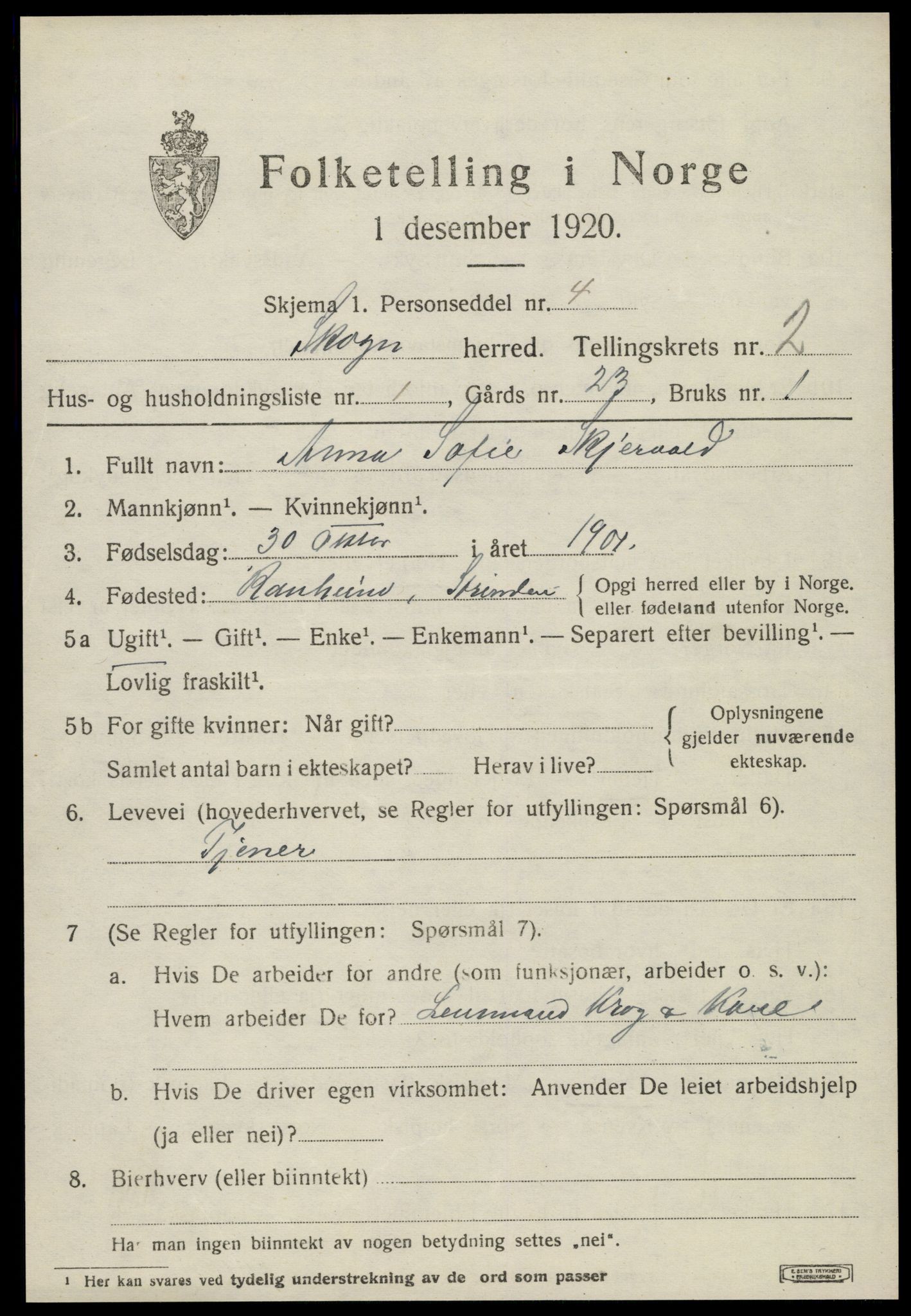 SAT, 1920 census for Skogn, 1920, p. 3033