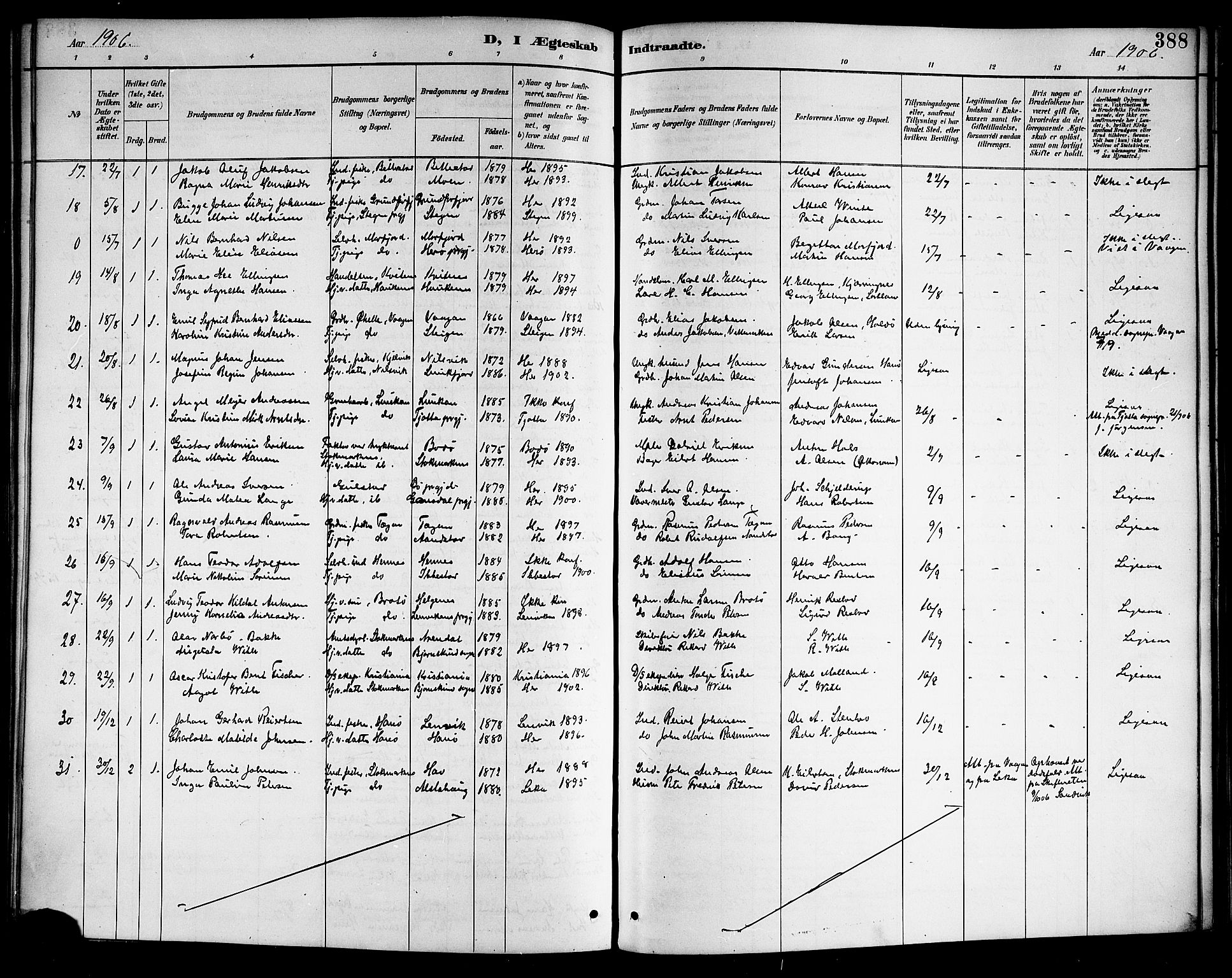 Ministerialprotokoller, klokkerbøker og fødselsregistre - Nordland, AV/SAT-A-1459/888/L1268: Parish register (copy) no. 888C06, 1891-1908, p. 388