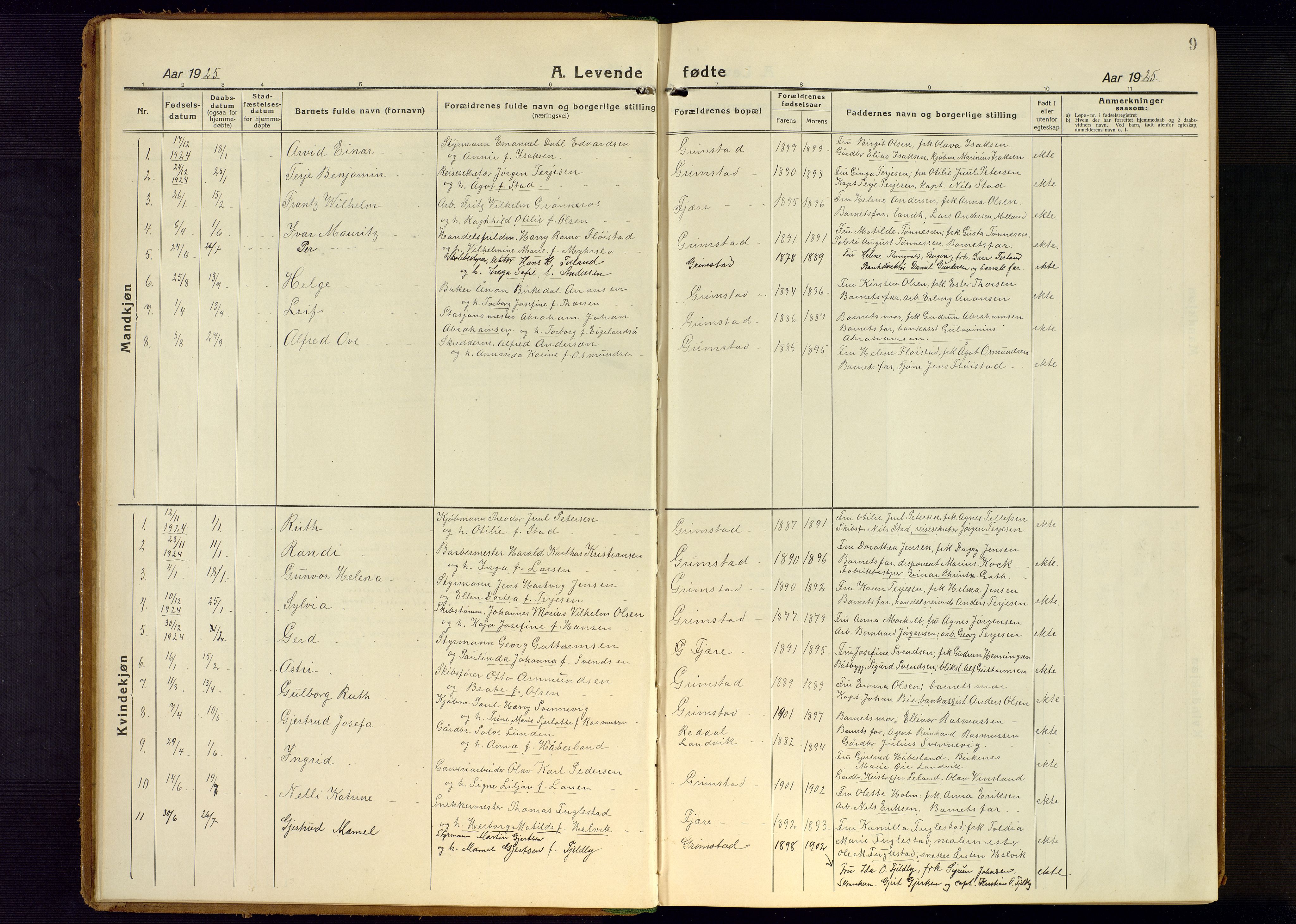 Grimstad sokneprestkontor, SAK/1111-0017/F/Fb/L0002: Parish register (copy) no. B 2, 1923-1949, p. 9