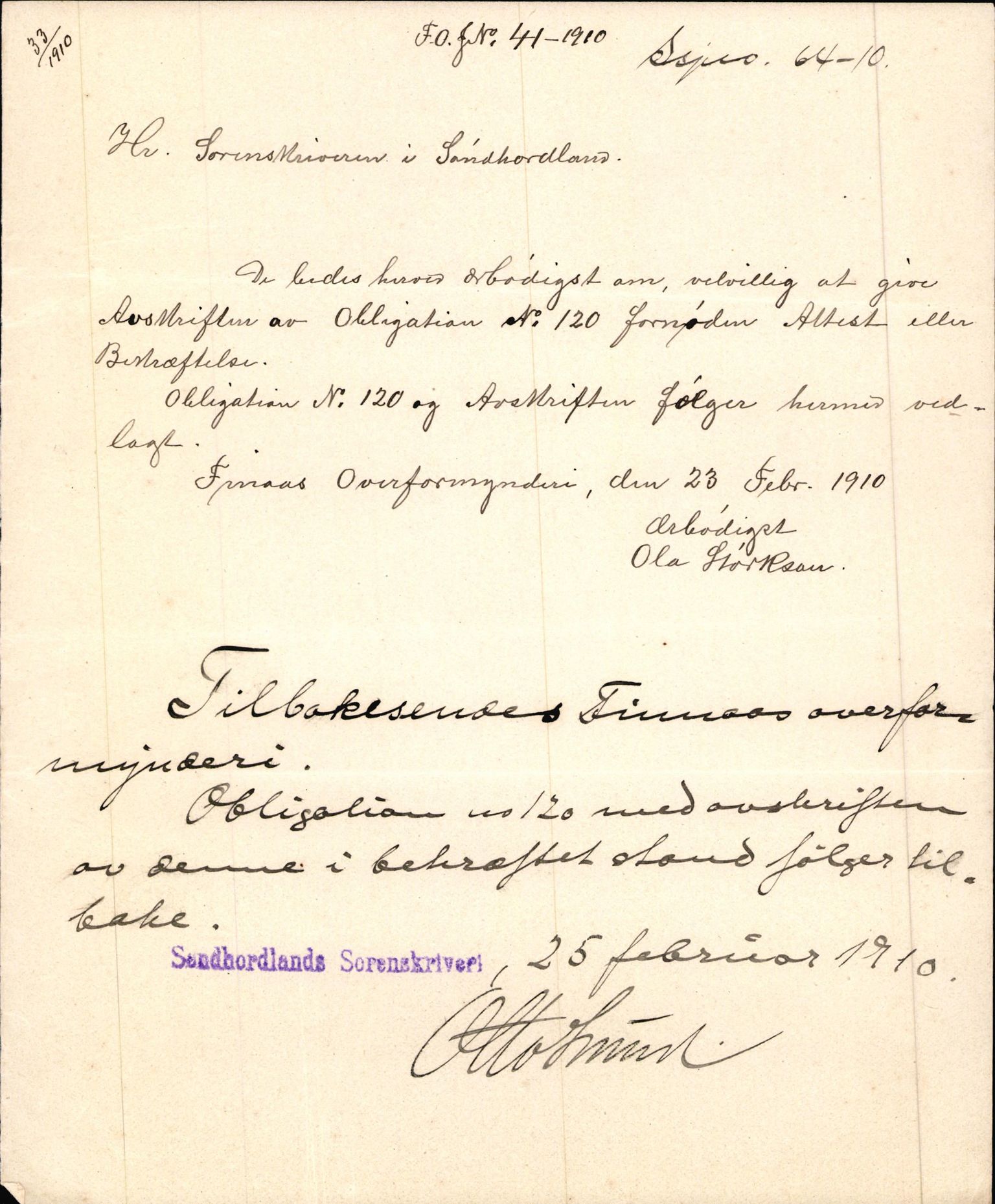 Finnaas kommune. Overformynderiet, IKAH/1218a-812/D/Da/Daa/L0002/0004: Kronologisk ordna korrespondanse / Kronologisk ordna korrespondanse, 1910-1913, p. 20