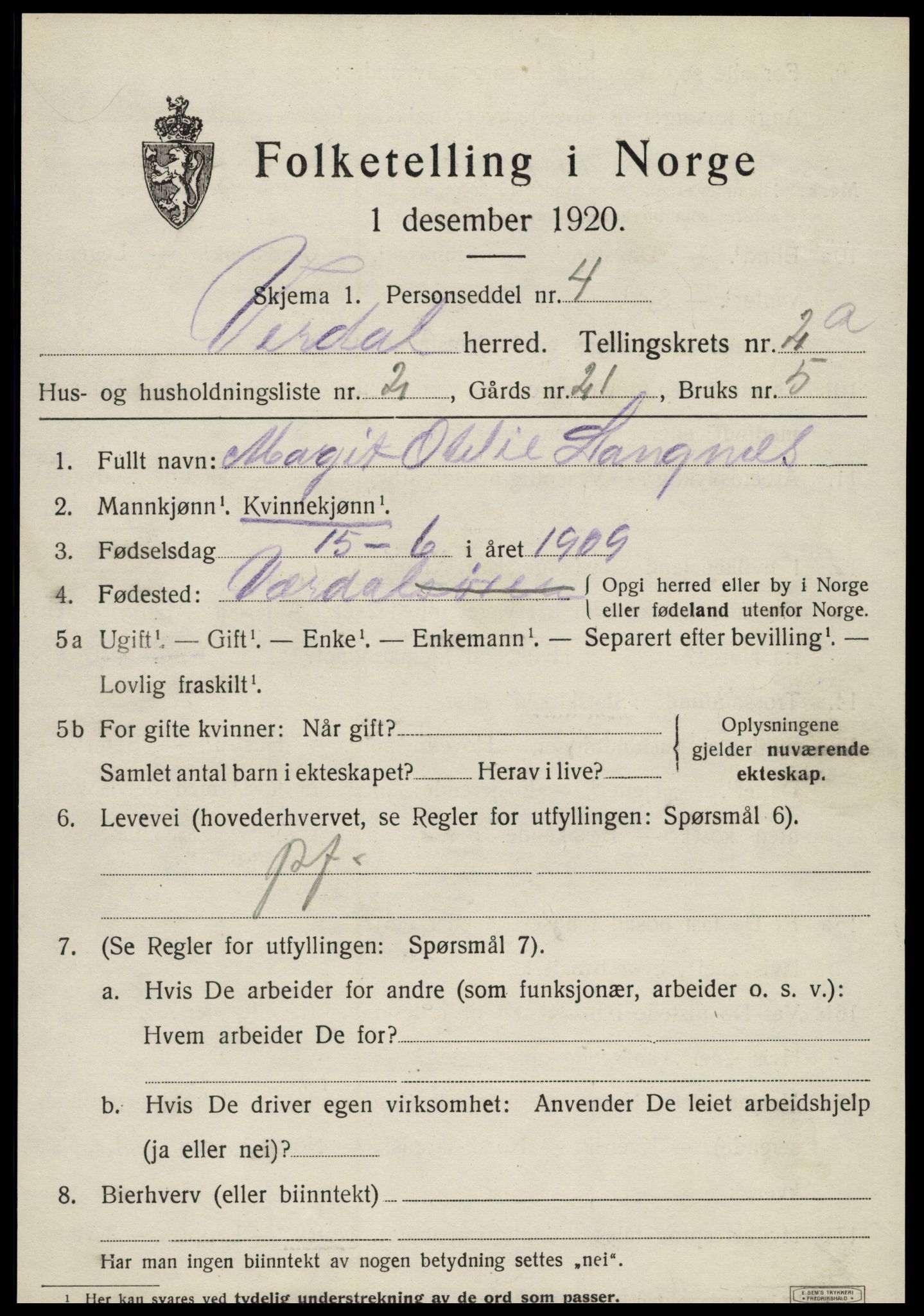 SAT, 1920 census for Verdal, 1920, p. 3737