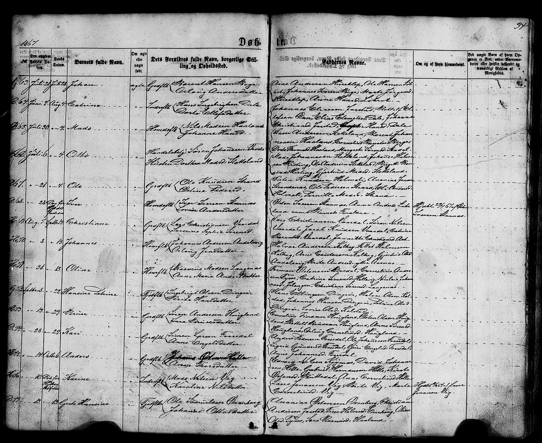 Fjaler sokneprestembete, AV/SAB-A-79801/H/Haa/Haaa/L0007: Parish register (official) no. A 7, 1862-1881, p. 34