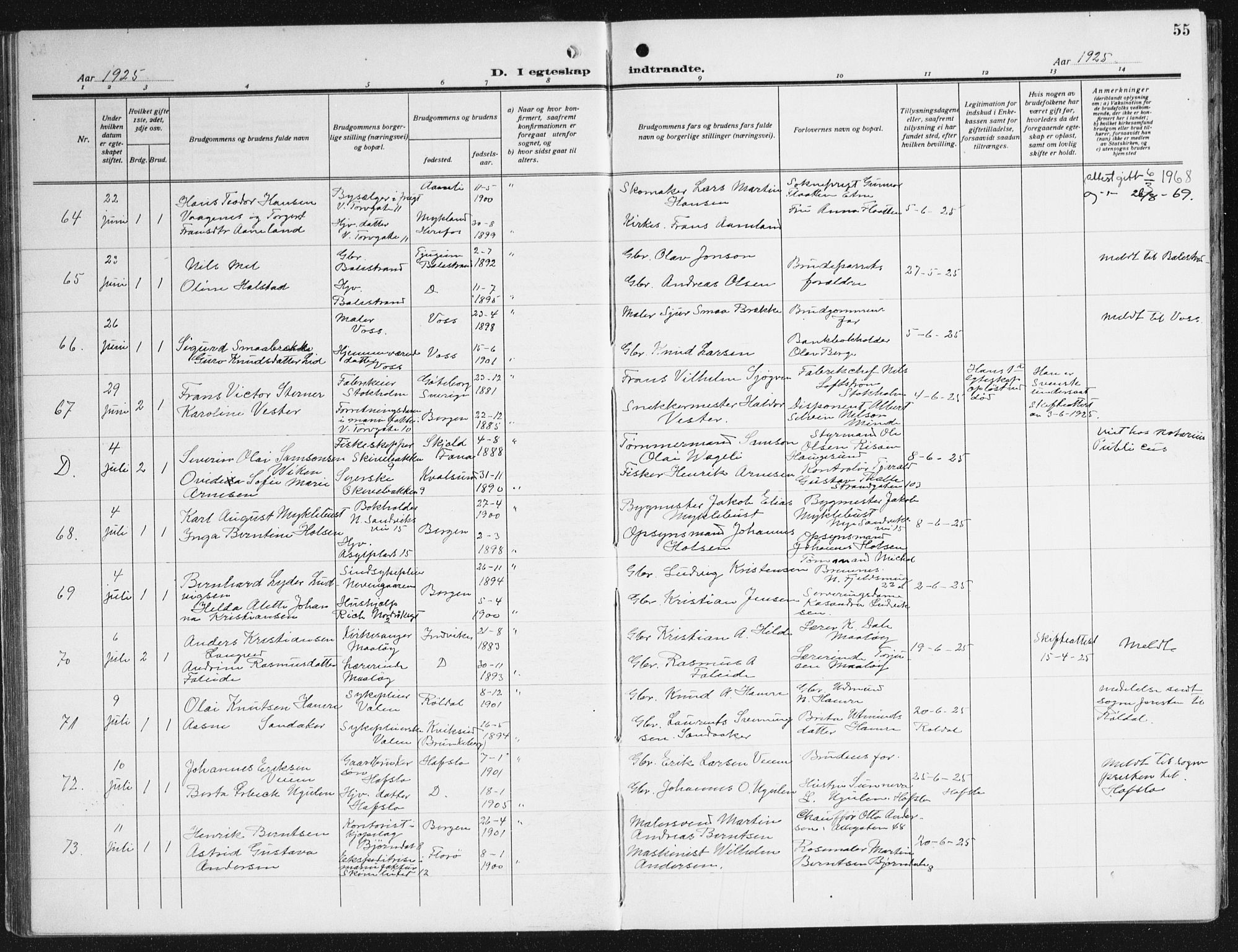 Domkirken sokneprestembete, AV/SAB-A-74801/H/Haa/L0039: Parish register (official) no. D 6, 1921-1937, p. 55