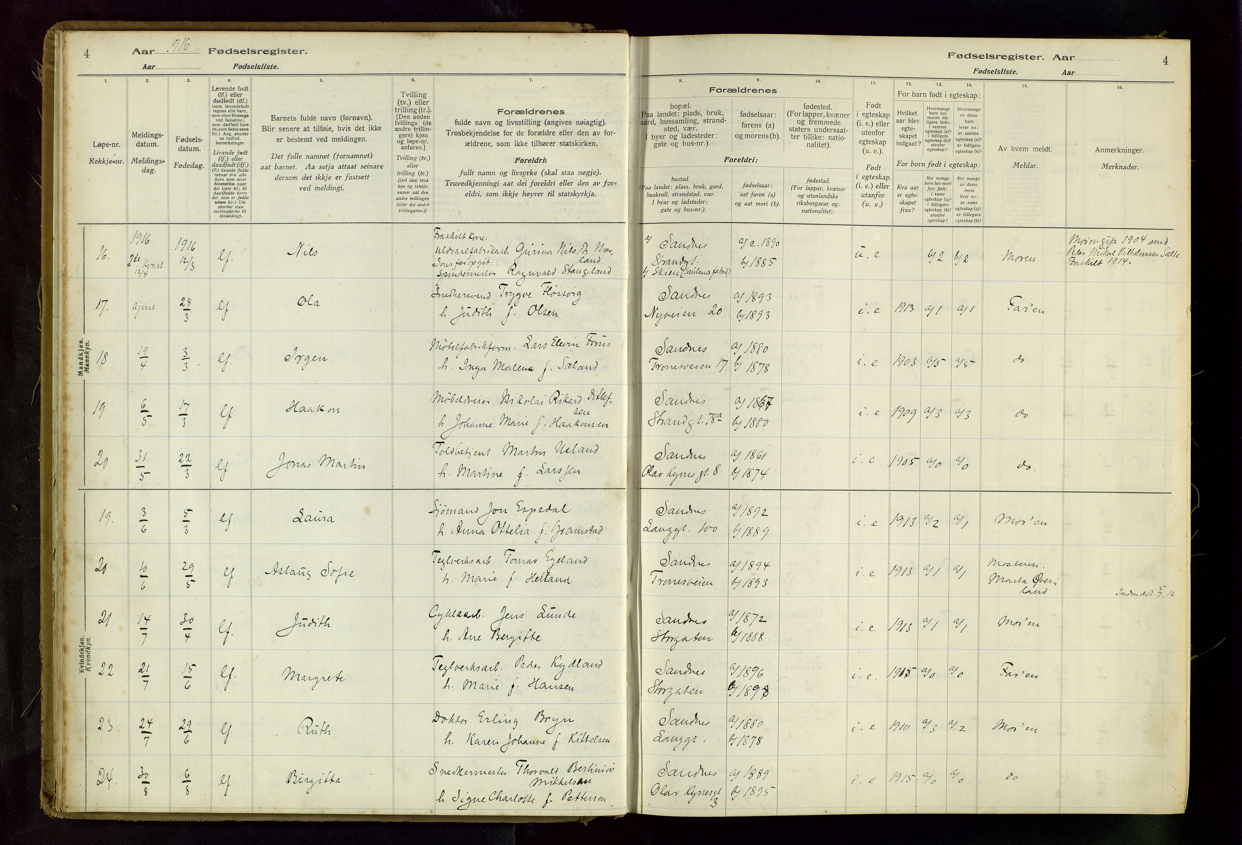 Sandnes sokneprestkontor, AV/SAST-A-101800/704BA/L0001: Birth register no. 1, 1916-1942, p. 4