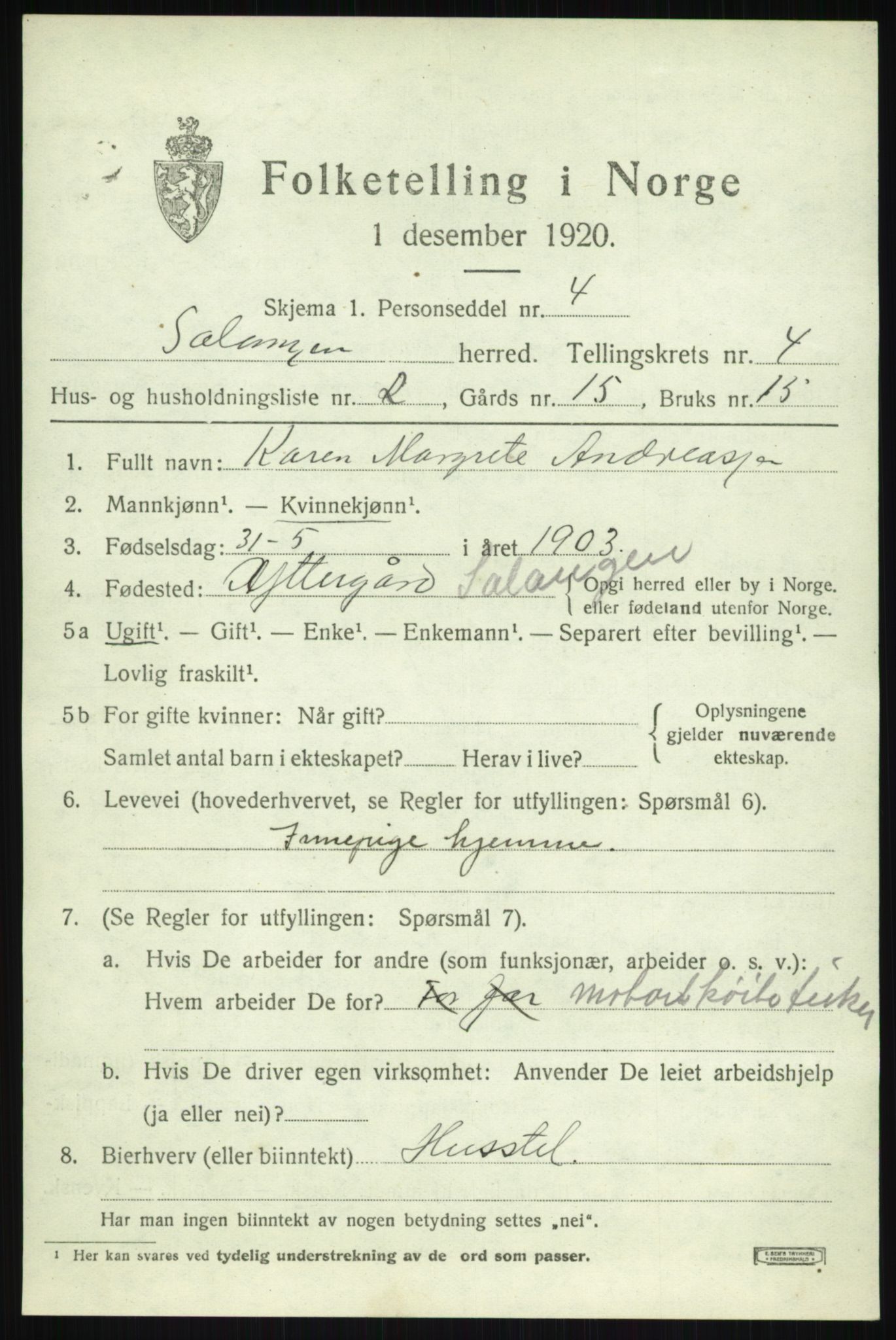 SATØ, 1920 census for Salangen, 1920, p. 2292