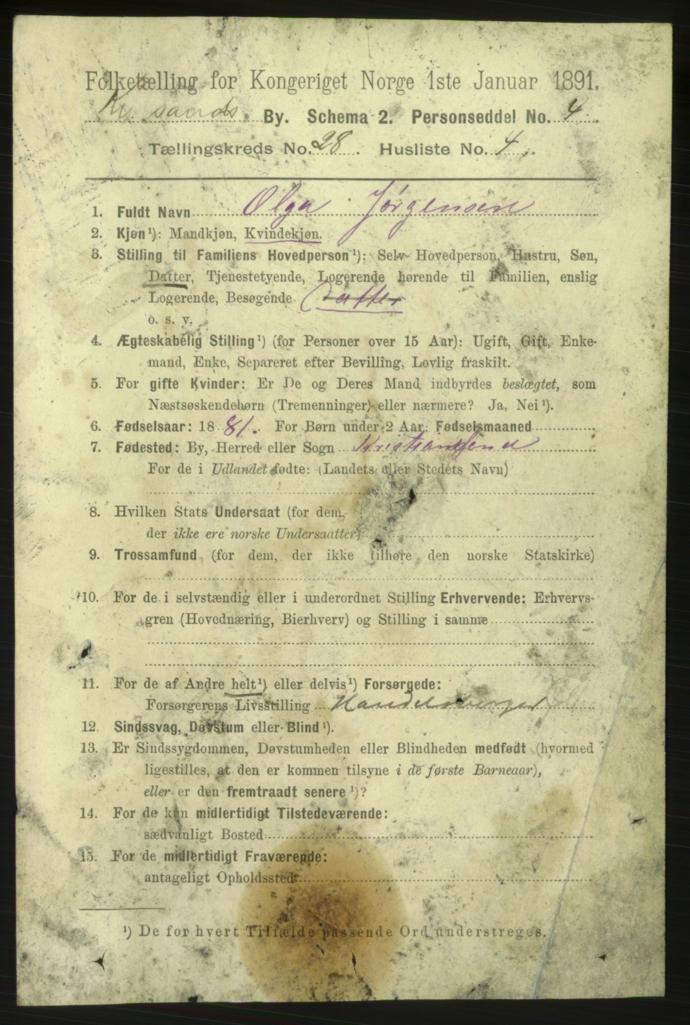 RA, 1891 census for 1001 Kristiansand, 1891, p. 9529