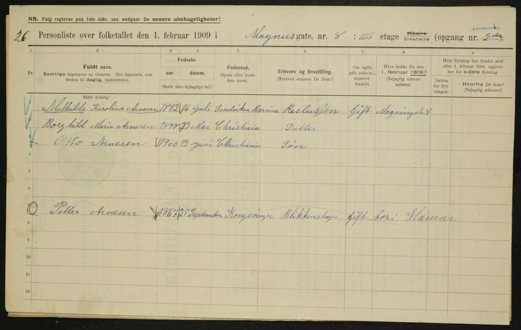 OBA, Municipal Census 1909 for Kristiania, 1909, p. 54157