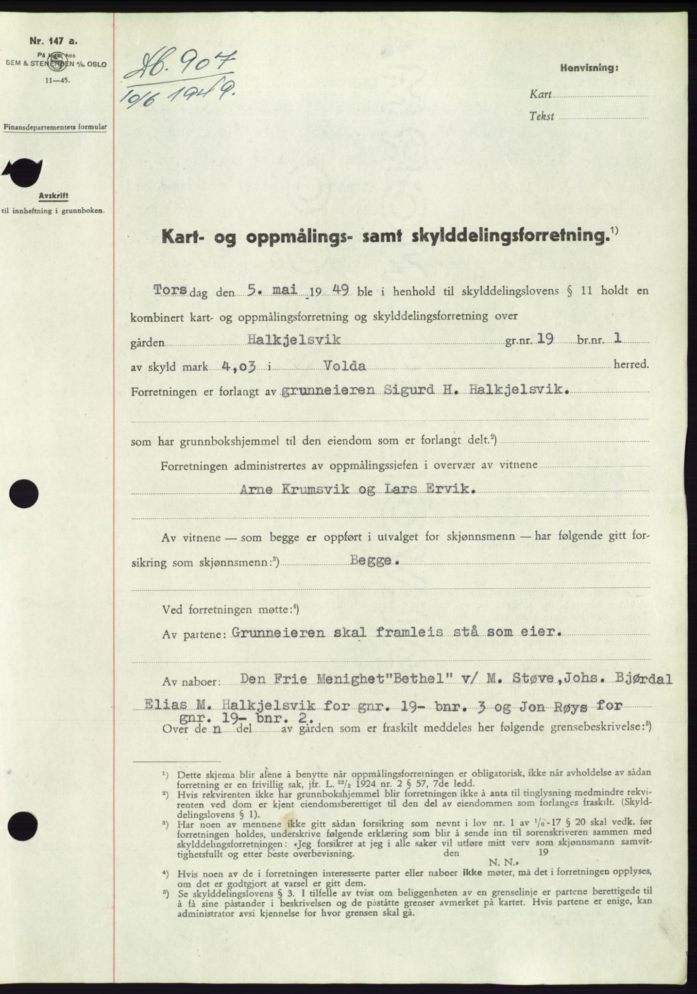 Søre Sunnmøre sorenskriveri, AV/SAT-A-4122/1/2/2C/L0084: Mortgage book no. 10A, 1949-1949, Diary no: : 907/1949