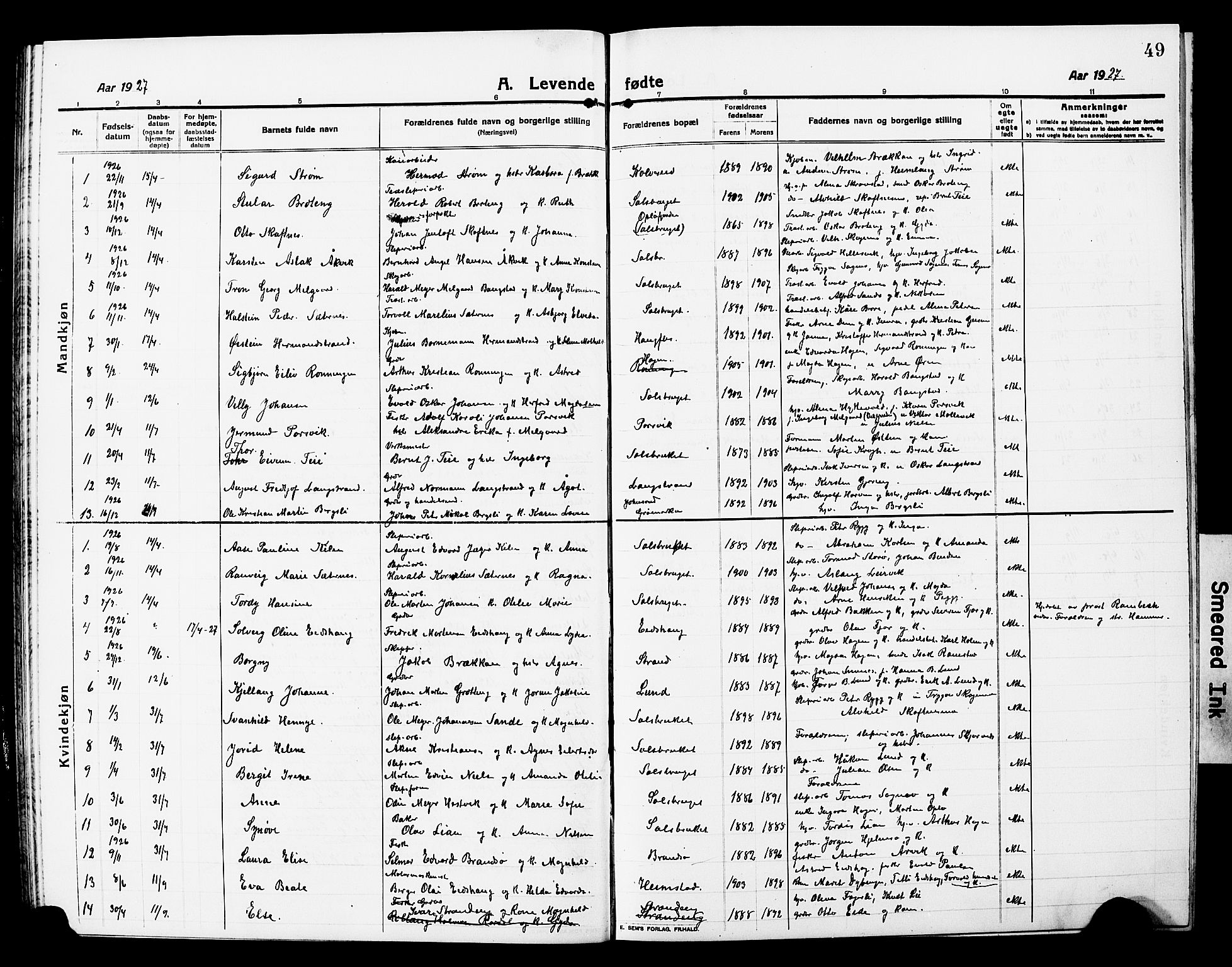 Ministerialprotokoller, klokkerbøker og fødselsregistre - Nord-Trøndelag, AV/SAT-A-1458/780/L0653: Parish register (copy) no. 780C05, 1911-1927, p. 49