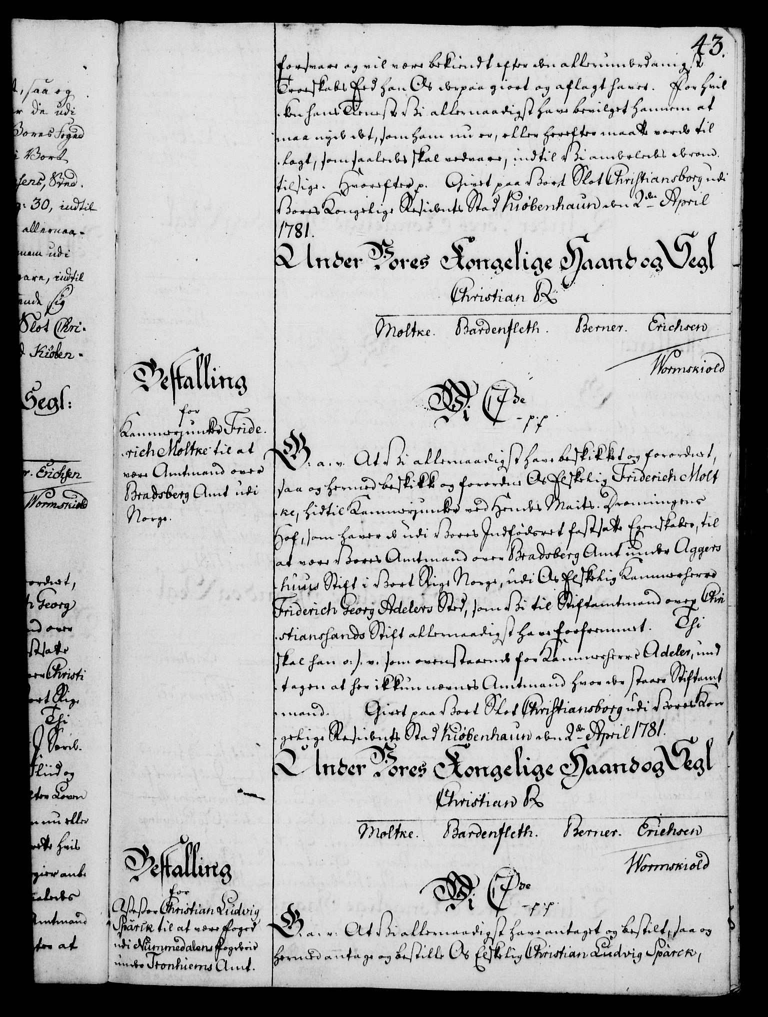 Rentekammeret, Kammerkanselliet, RA/EA-3111/G/Gg/Gge/L0006: Norsk bestallingsprotokoll med register (merket RK 53.30), 1773-1814, p. 43