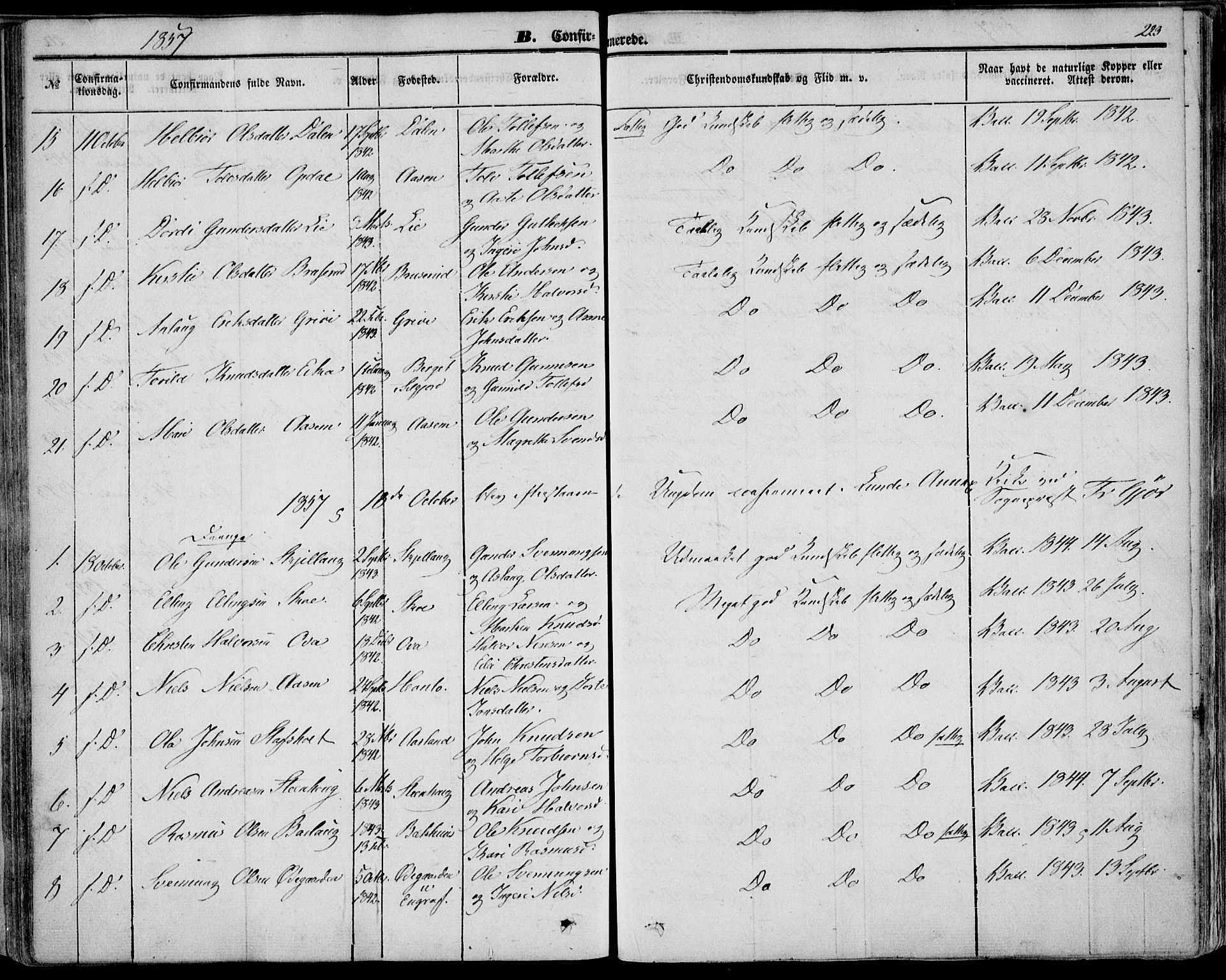 Bø kirkebøker, AV/SAKO-A-257/F/Fa/L0008: Parish register (official) no. 8, 1849-1861, p. 223