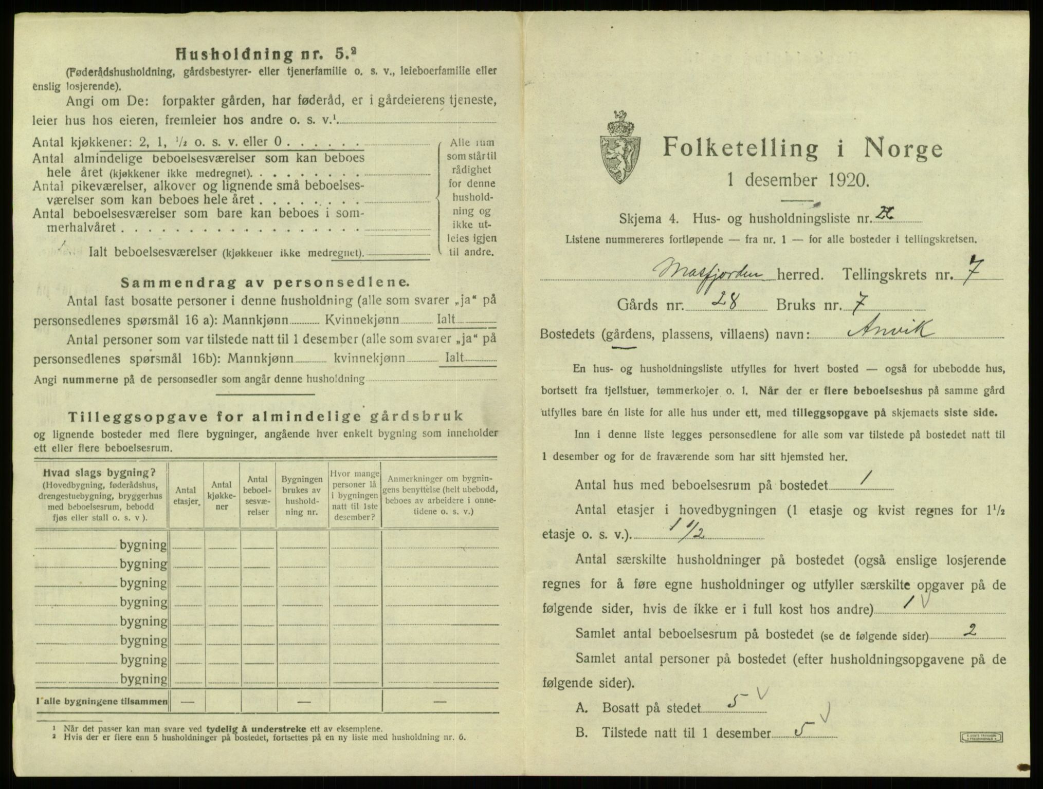 SAB, 1920 census for Masfjorden, 1920, p. 372