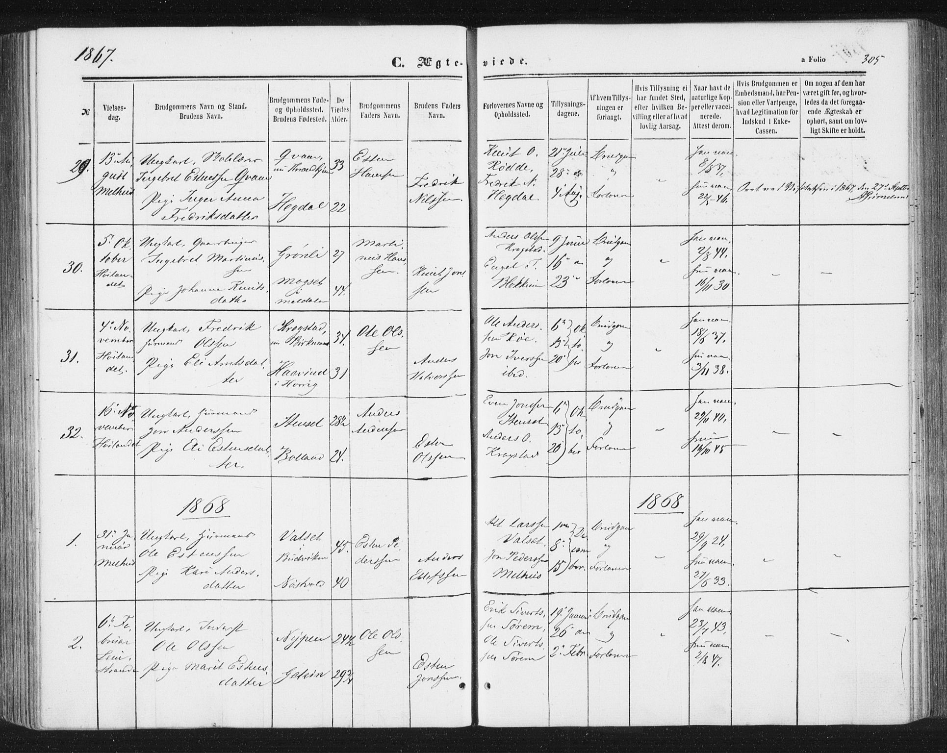 Ministerialprotokoller, klokkerbøker og fødselsregistre - Sør-Trøndelag, SAT/A-1456/691/L1077: Parish register (official) no. 691A09, 1862-1873, p. 305