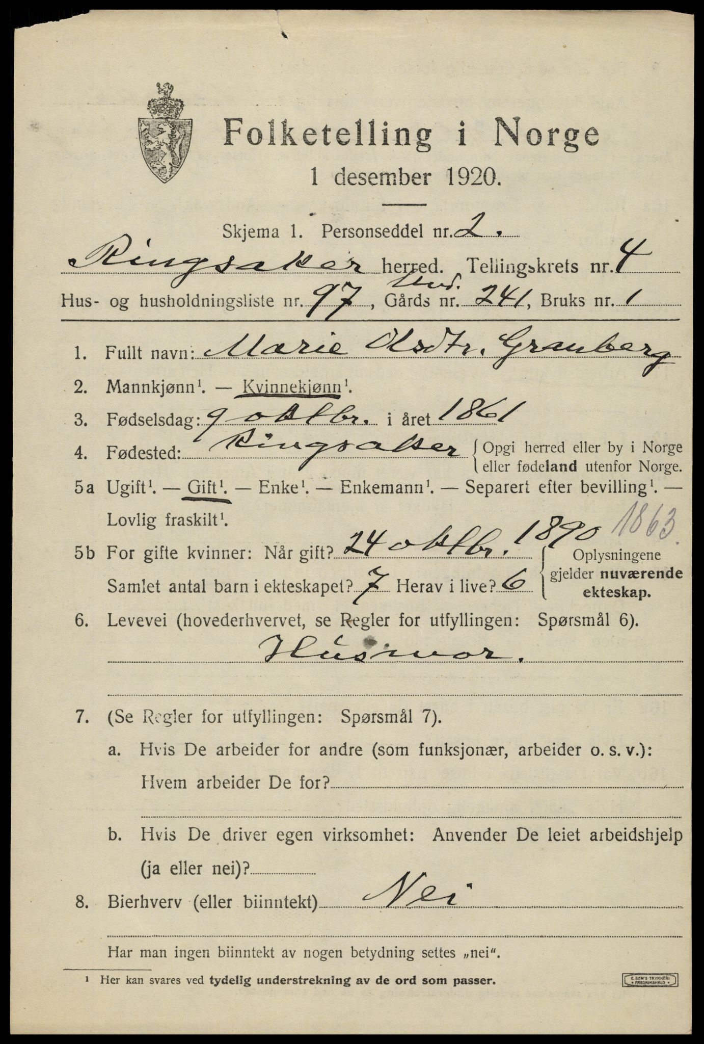 SAH, 1920 census for Ringsaker, 1920, p. 9698