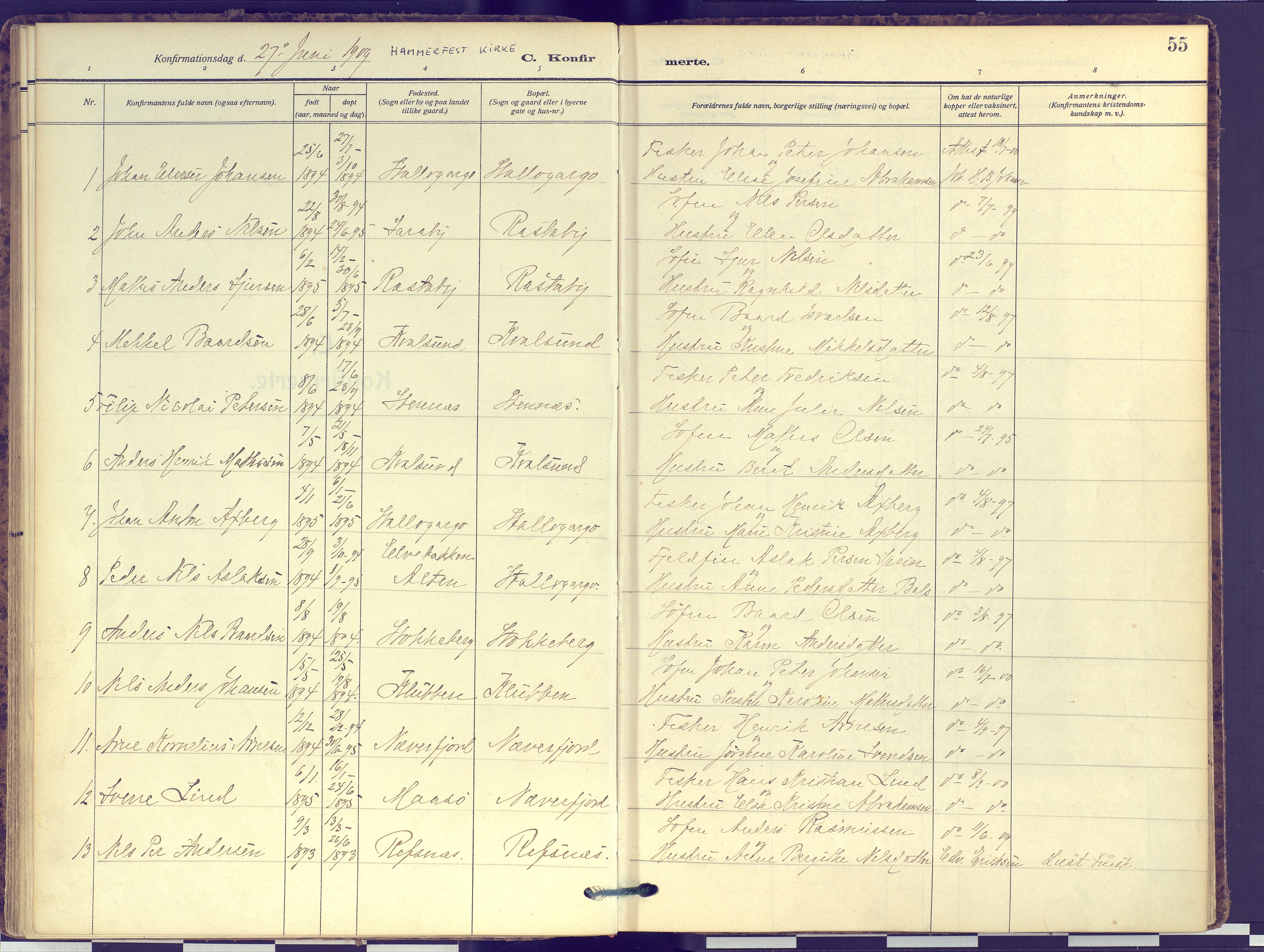 Hammerfest sokneprestkontor, SATØ/S-1347: Parish register (official) no. 16, 1908-1923, p. 55