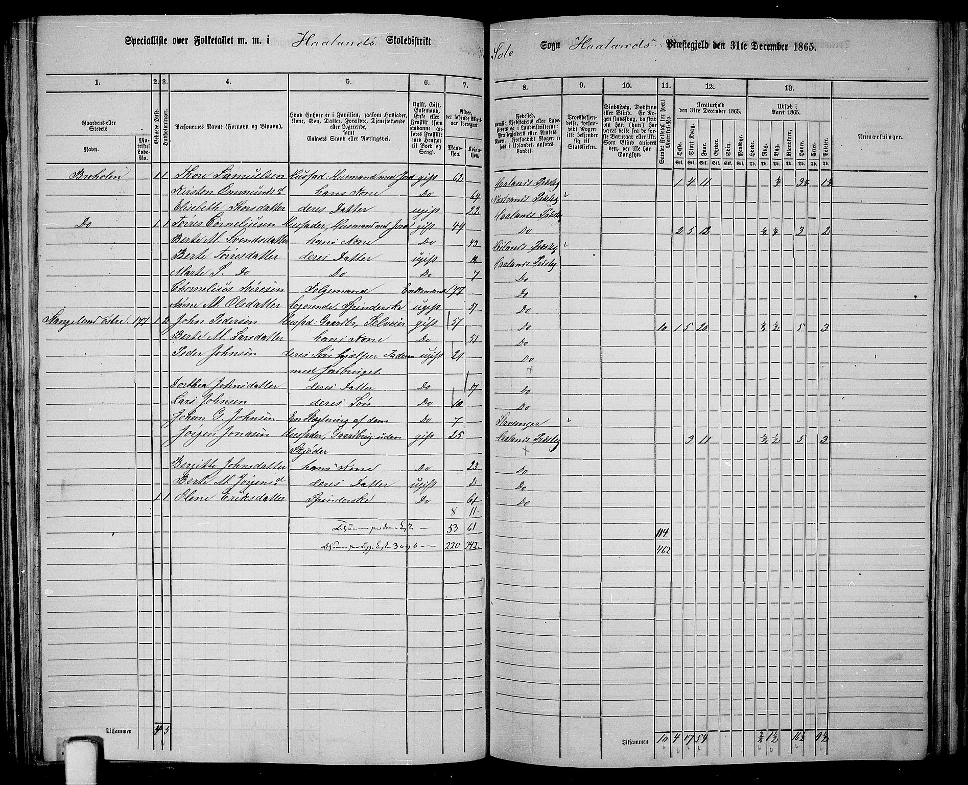 RA, 1865 census for Håland, 1865, p. 71