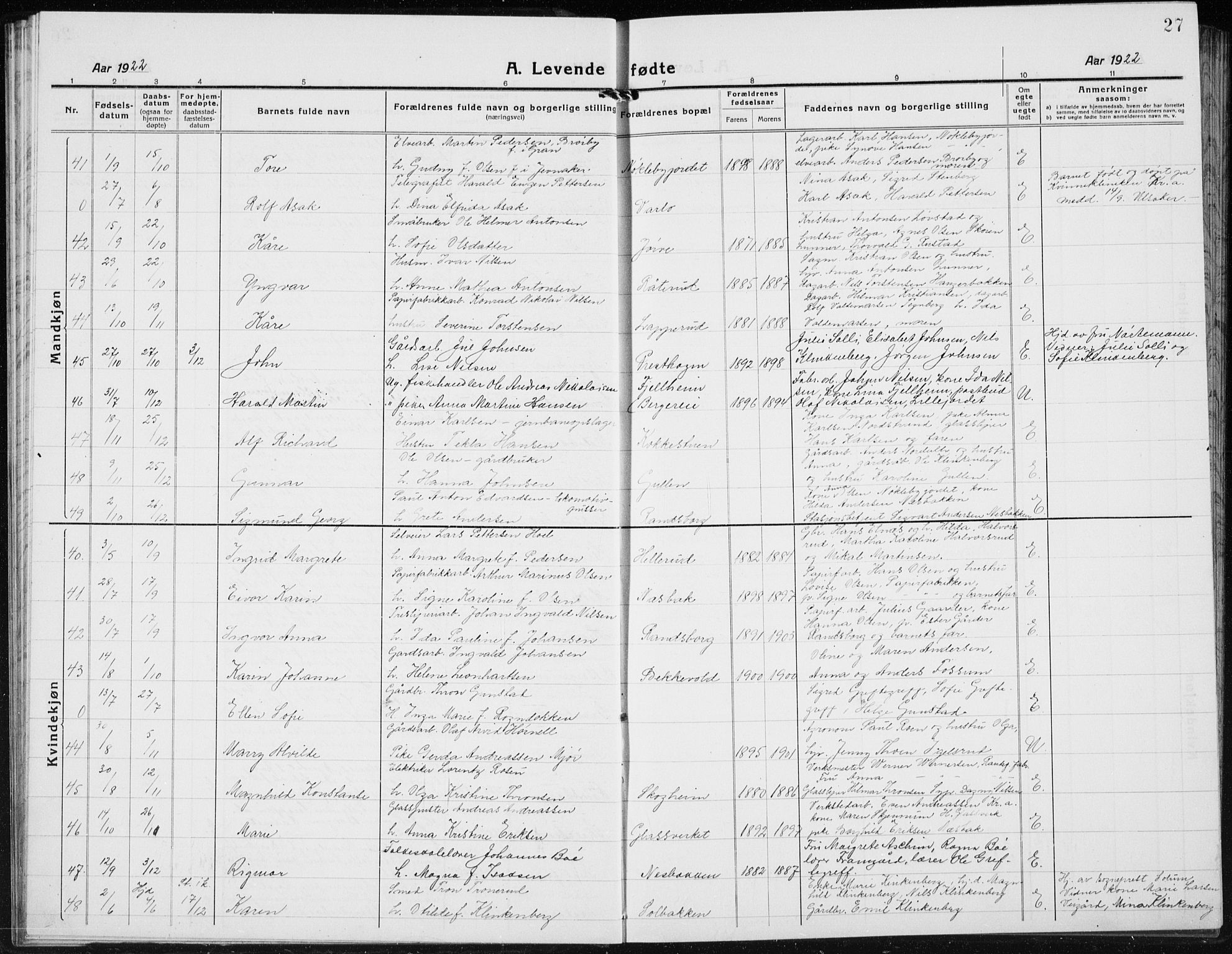 Jevnaker prestekontor, AV/SAH-PREST-116/H/Ha/Hab/L0005: Parish register (copy) no. 5, 1919-1934, p. 27
