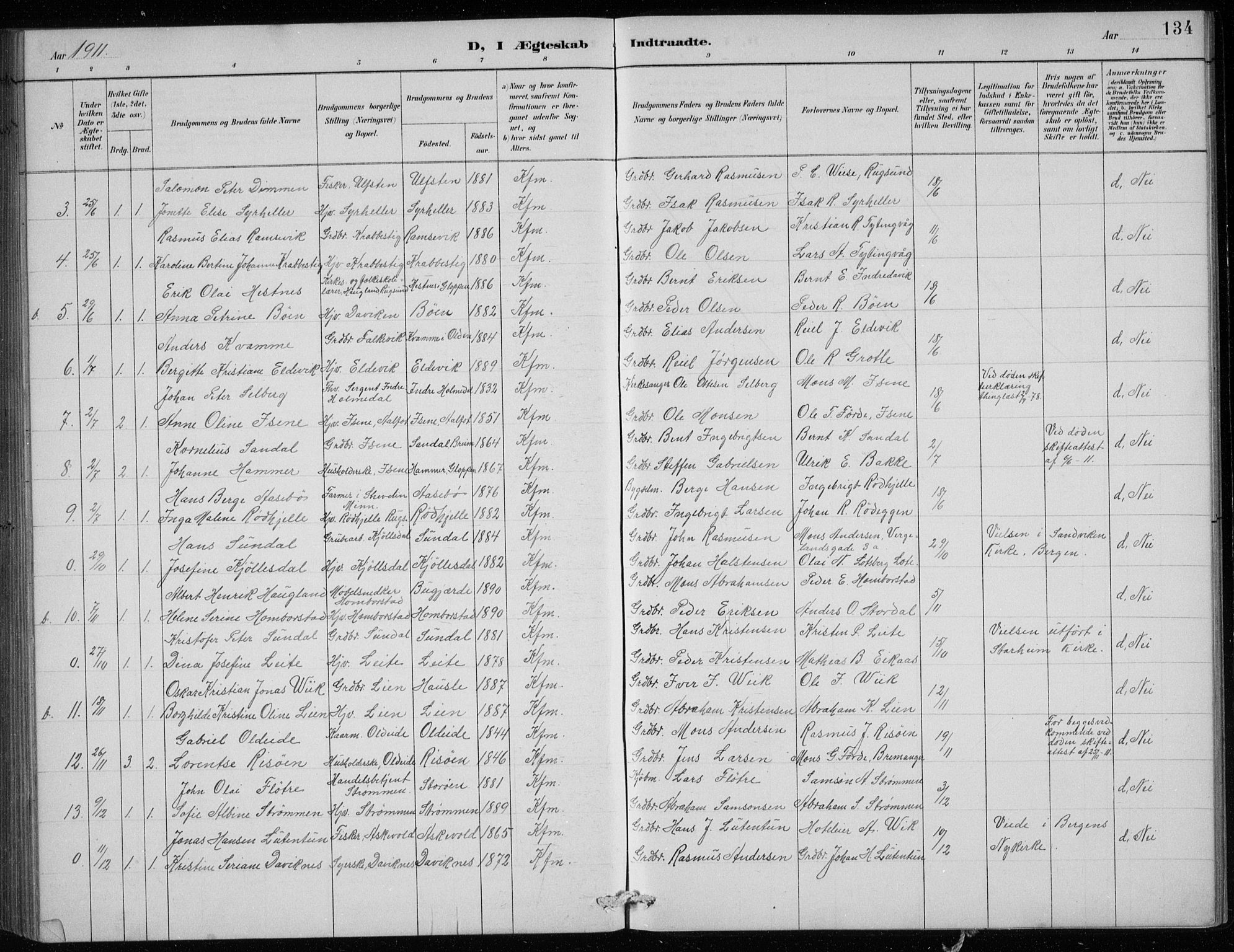 Davik sokneprestembete, AV/SAB-A-79701/H/Hab/Haba/L0002: Parish register (copy) no. A 2, 1890-1911, p. 134