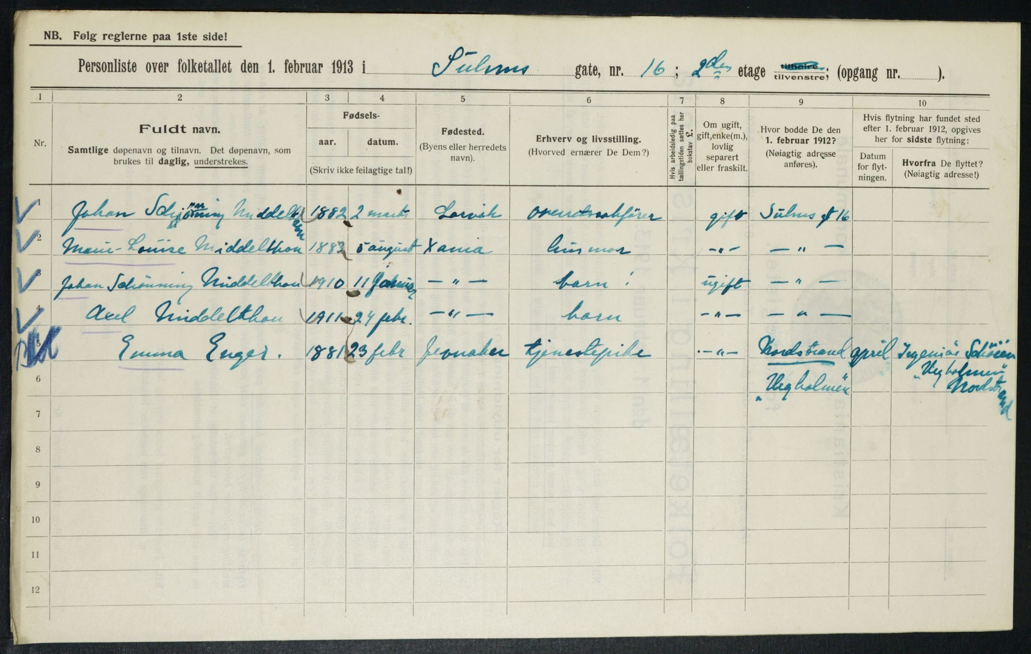 OBA, Municipal Census 1913 for Kristiania, 1913, p. 104753