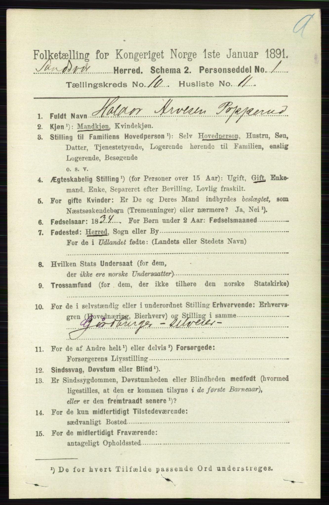 RA, 1891 census for 0629 Sandsvær, 1891, p. 4981