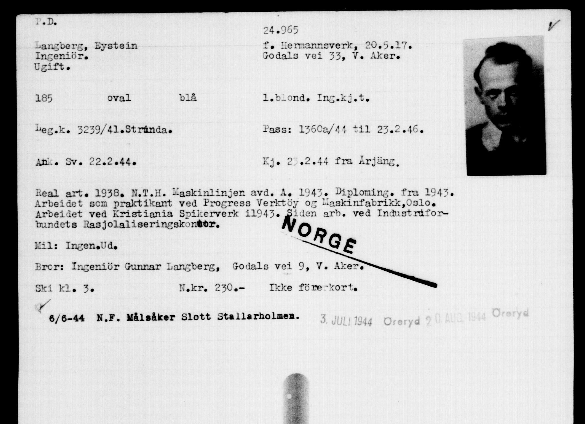 Den Kgl. Norske Legasjons Flyktningskontor, RA/S-6753/V/Va/L0010: Kjesäterkartoteket.  Flyktningenr. 22000-25314, 1940-1945, p. 3113