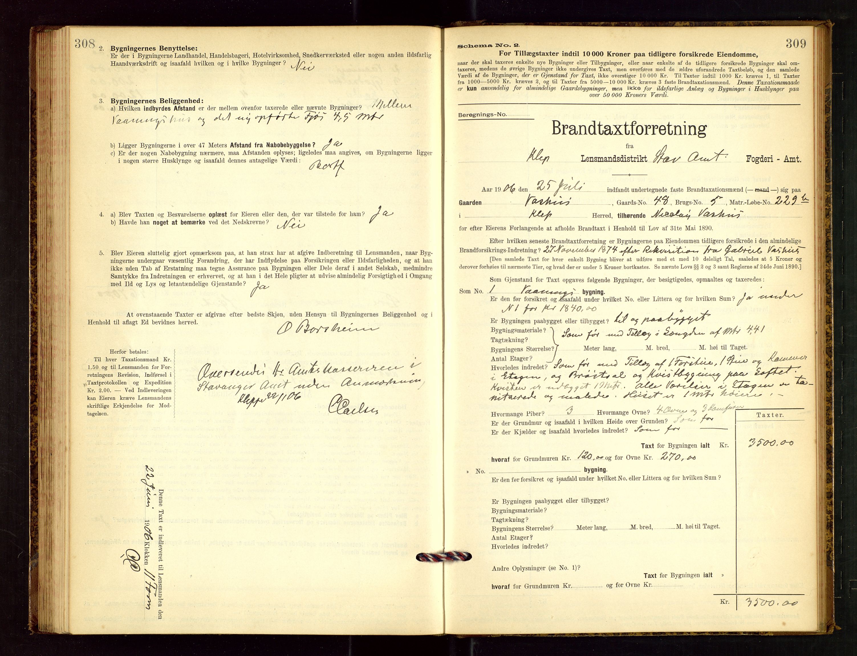 Klepp lensmannskontor, AV/SAST-A-100163/Goc/L0003: "Brandtaxationsprotokol" m/register, 1902-1907, p. 308-309