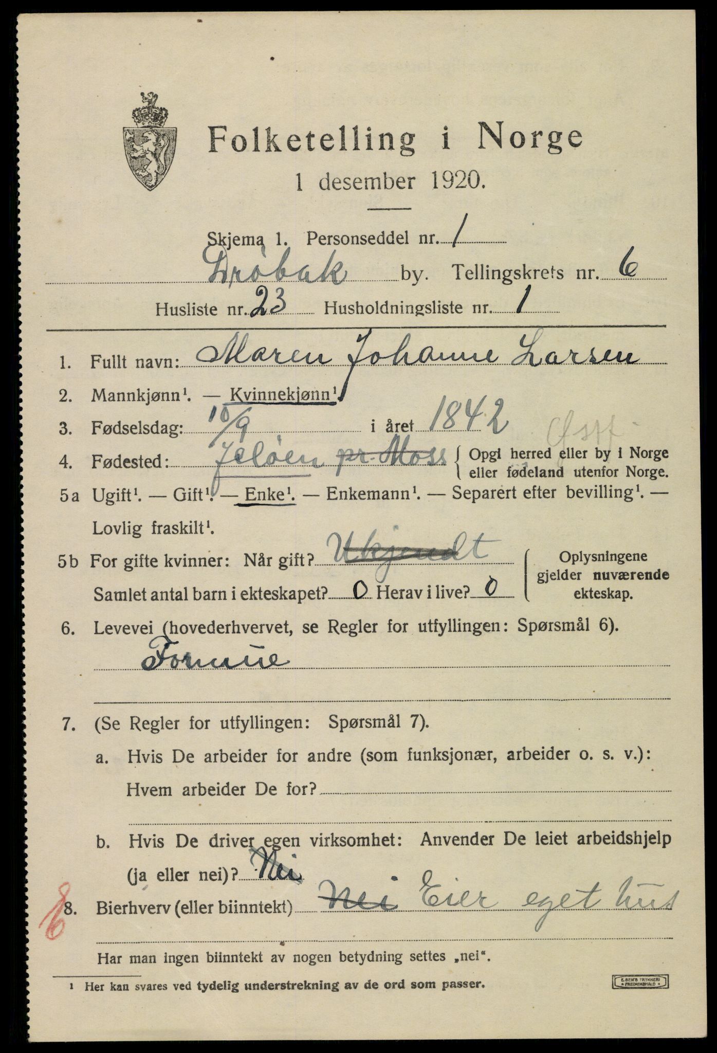 SAO, 1920 census for Drøbak, 1920, p. 5239