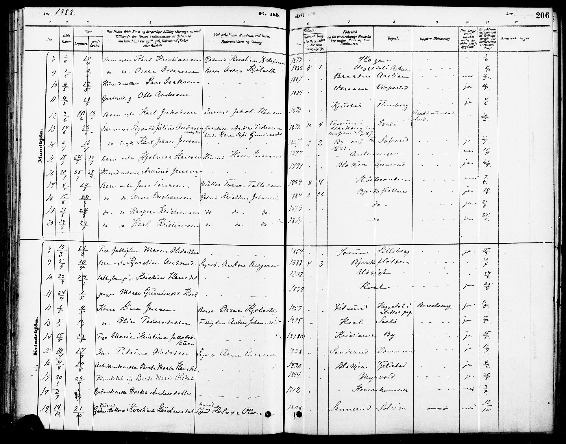 Fet prestekontor Kirkebøker, AV/SAO-A-10370a/F/Fa/L0014: Parish register (official) no. I 14, 1878-1891, p. 206