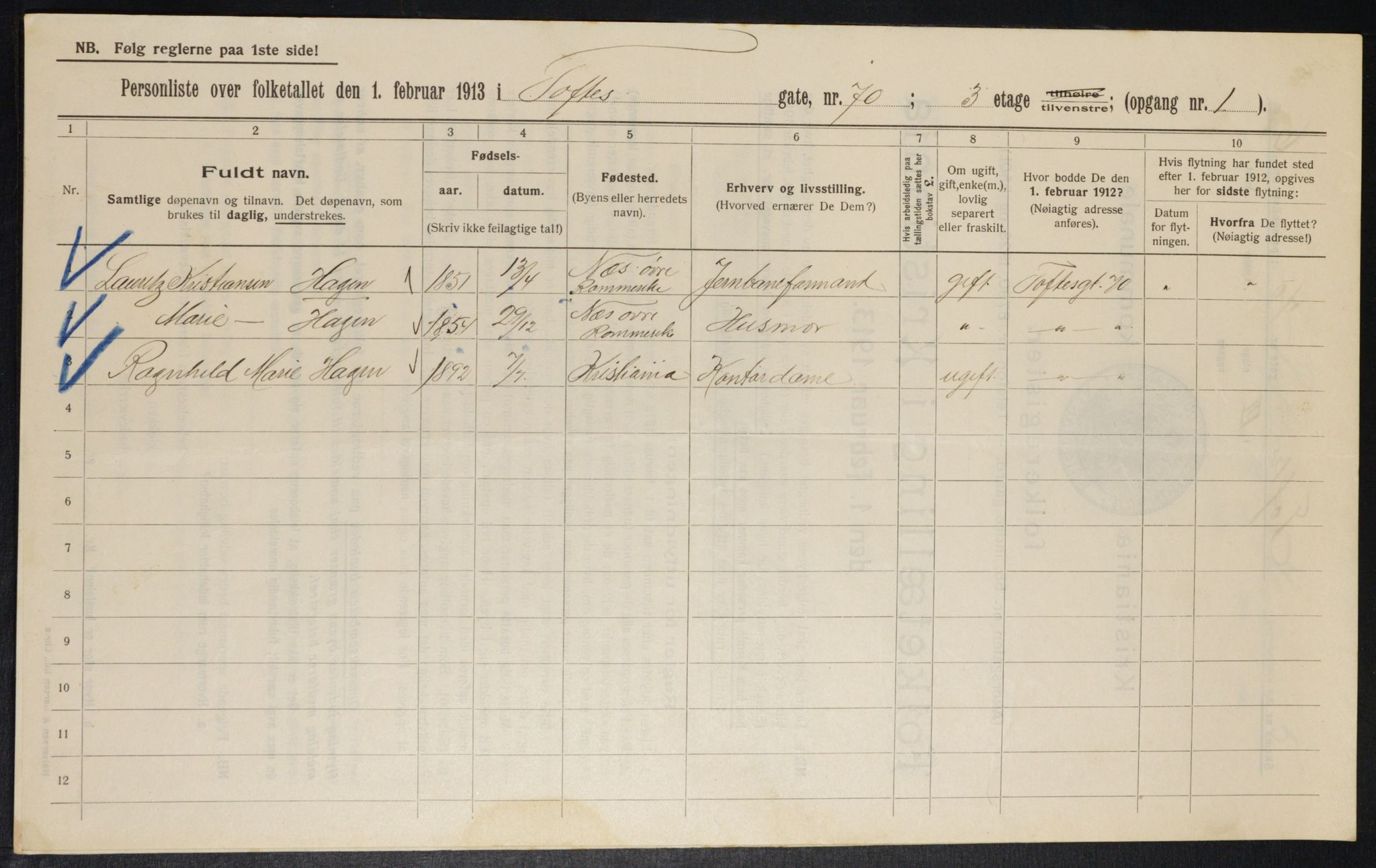 OBA, Municipal Census 1913 for Kristiania, 1913, p. 113079