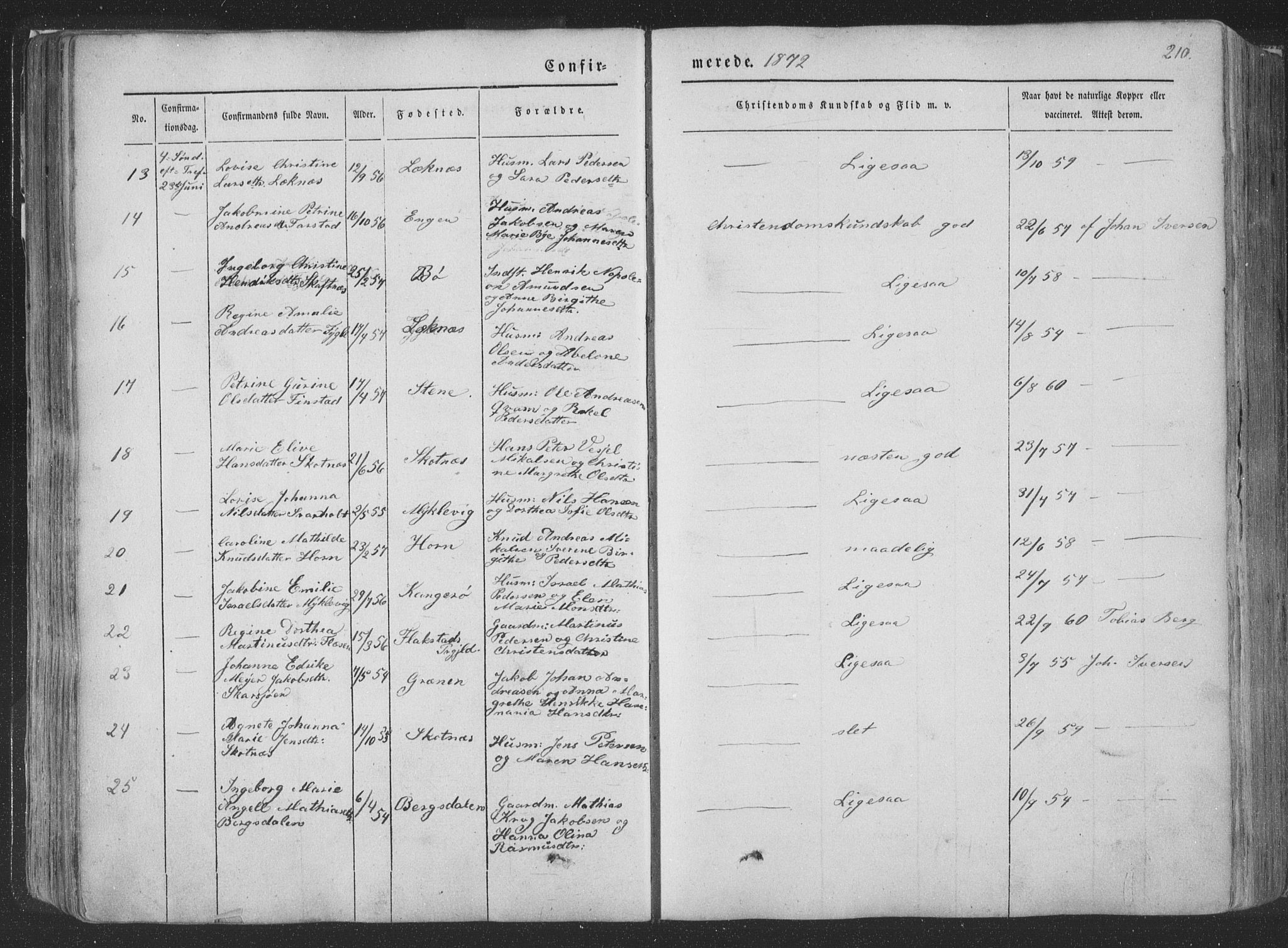 Ministerialprotokoller, klokkerbøker og fødselsregistre - Nordland, AV/SAT-A-1459/881/L1165: Parish register (copy) no. 881C02, 1854-1876, p. 210