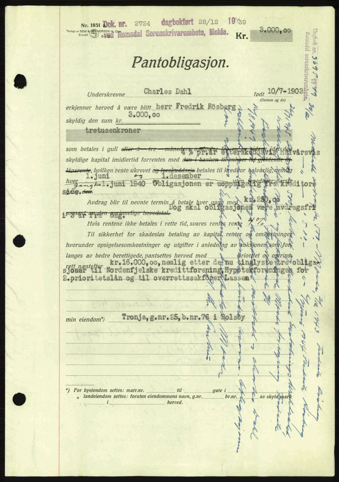 Romsdal sorenskriveri, AV/SAT-A-4149/1/2/2C: Mortgage book no. B2, 1939-1945, Diary no: : 2724/1939