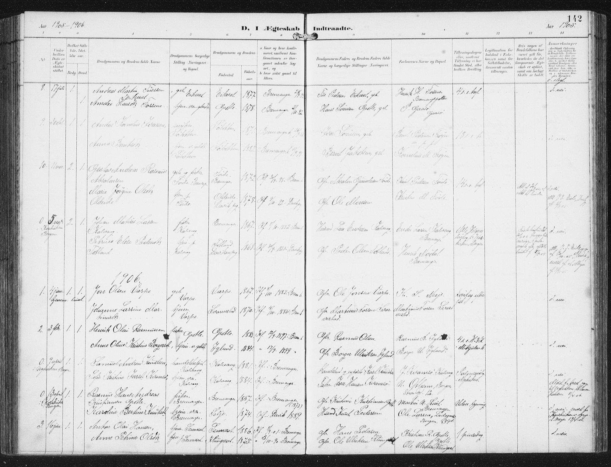 Bremanger sokneprestembete, SAB/A-82201/H/Haa/Haab/L0002: Parish register (official) no. B  2, 1896-1908, p. 142