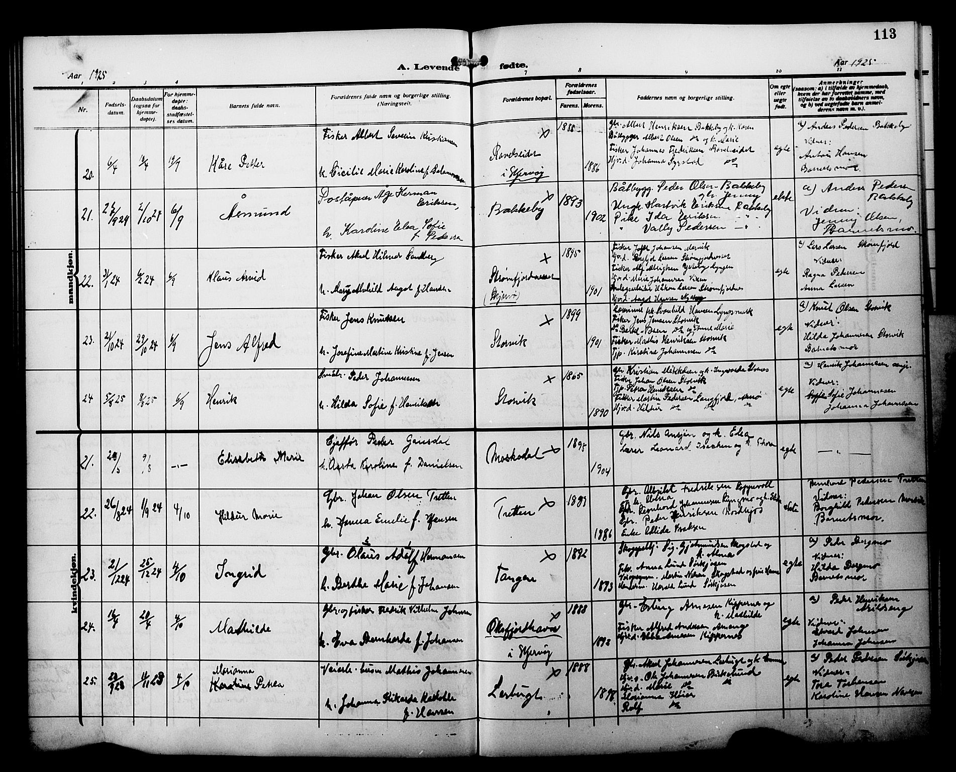 Skjervøy sokneprestkontor, AV/SATØ-S-1300/H/Ha/Hab/L0022klokker: Parish register (copy) no. 22, 1910-1926, p. 113