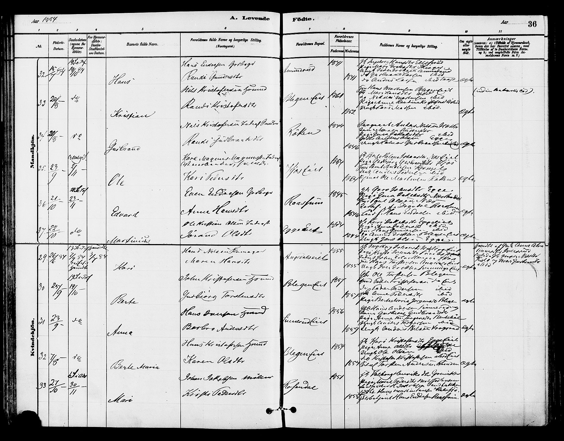 Gran prestekontor, SAH/PREST-112/H/Ha/Haa/L0015: Parish register (official) no. 15, 1880-1888, p. 36