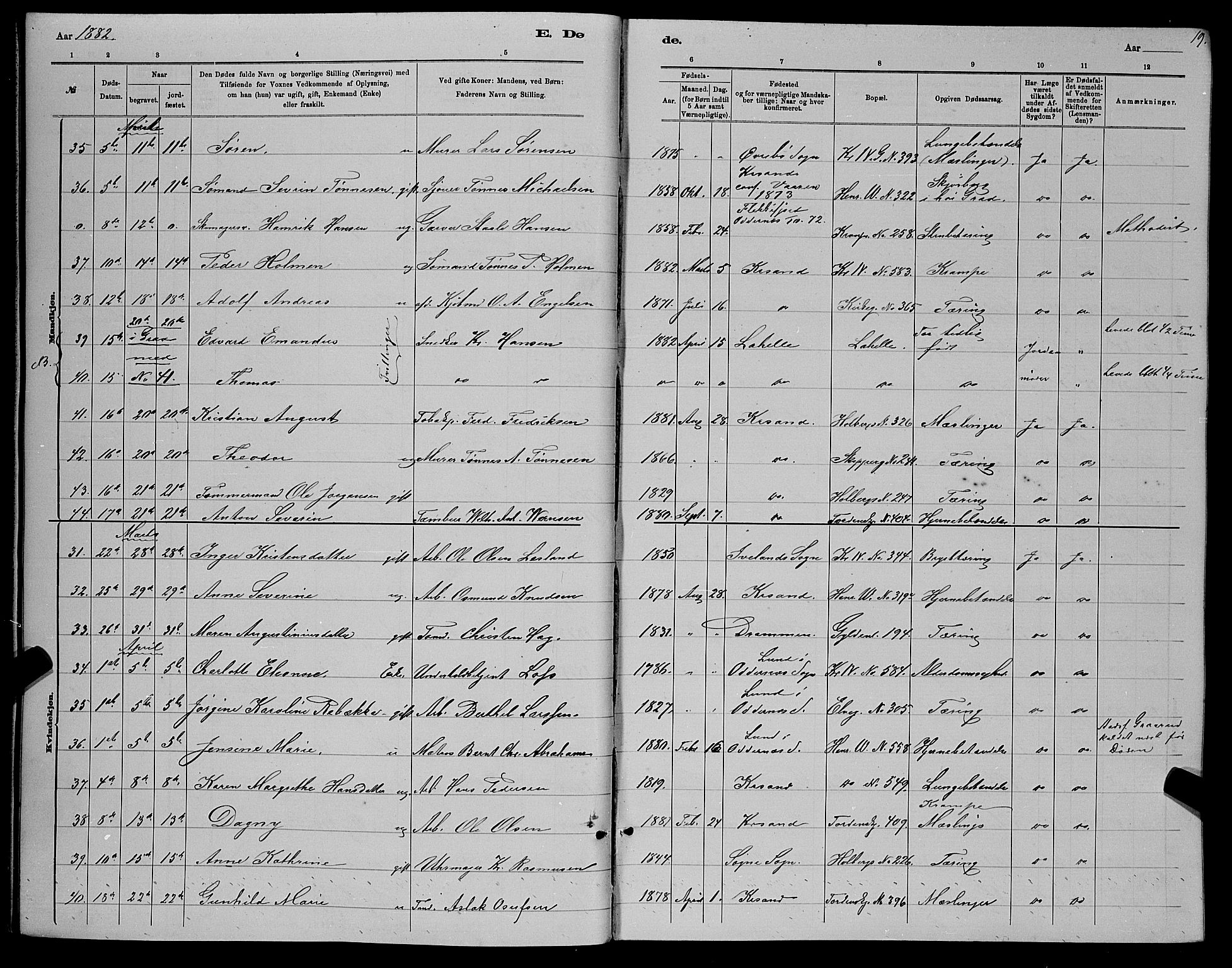 Kristiansand domprosti, SAK/1112-0006/F/Fb/L0016: Parish register (copy) no. B 16, 1881-1893, p. 19