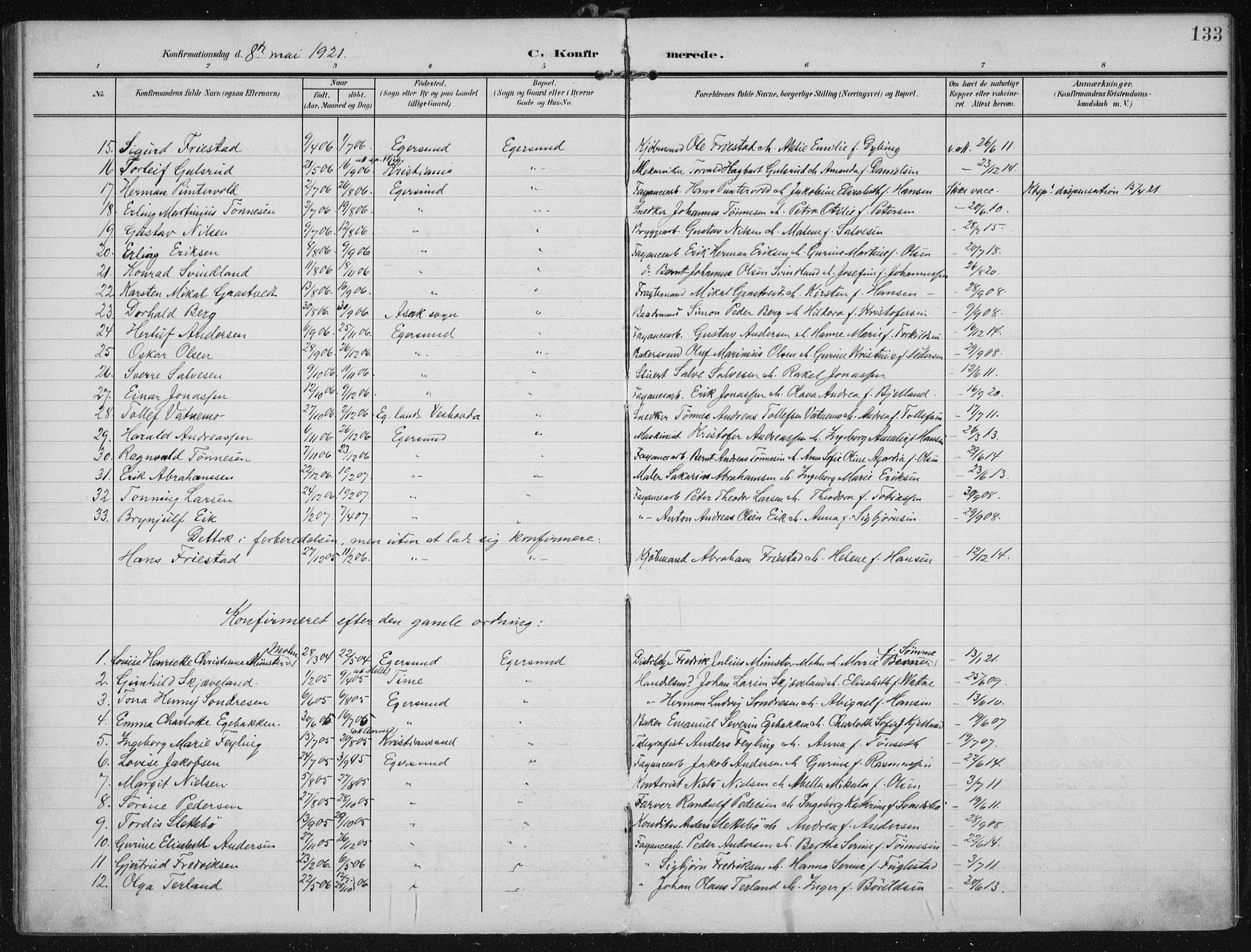 Eigersund sokneprestkontor, AV/SAST-A-101807/S08/L0022: Parish register (official) no. A 21, 1905-1928, p. 133