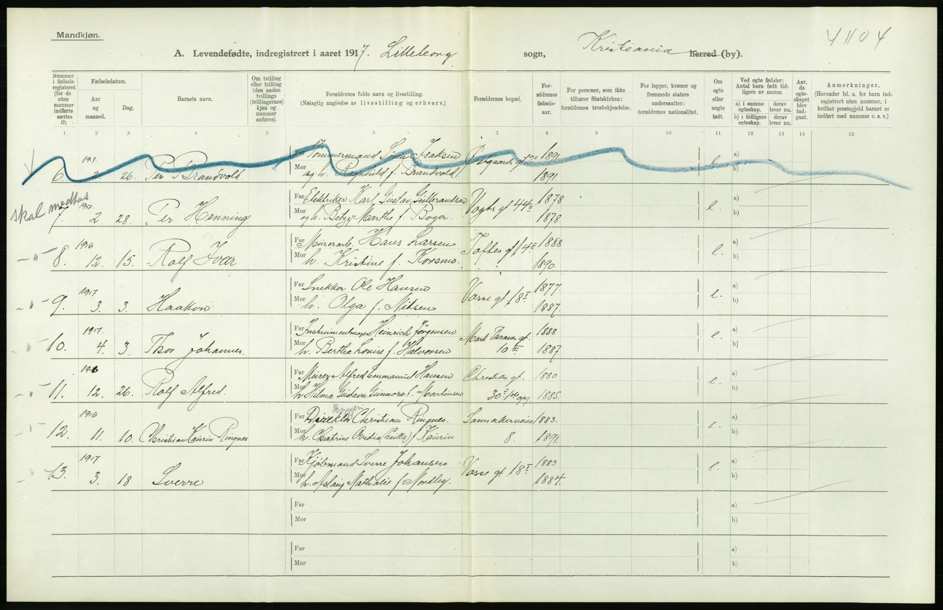 Statistisk sentralbyrå, Sosiodemografiske emner, Befolkning, AV/RA-S-2228/D/Df/Dfb/Dfbg/L0006: Kristiania: Levendefødte menn og kvinner., 1917, p. 382