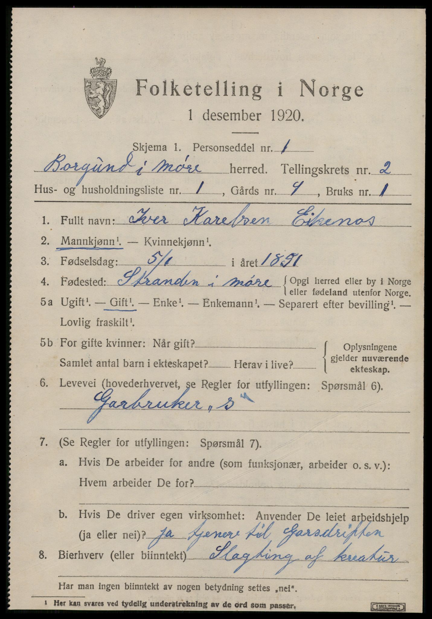 SAT, 1920 census for Borgund, 1920, p. 3088