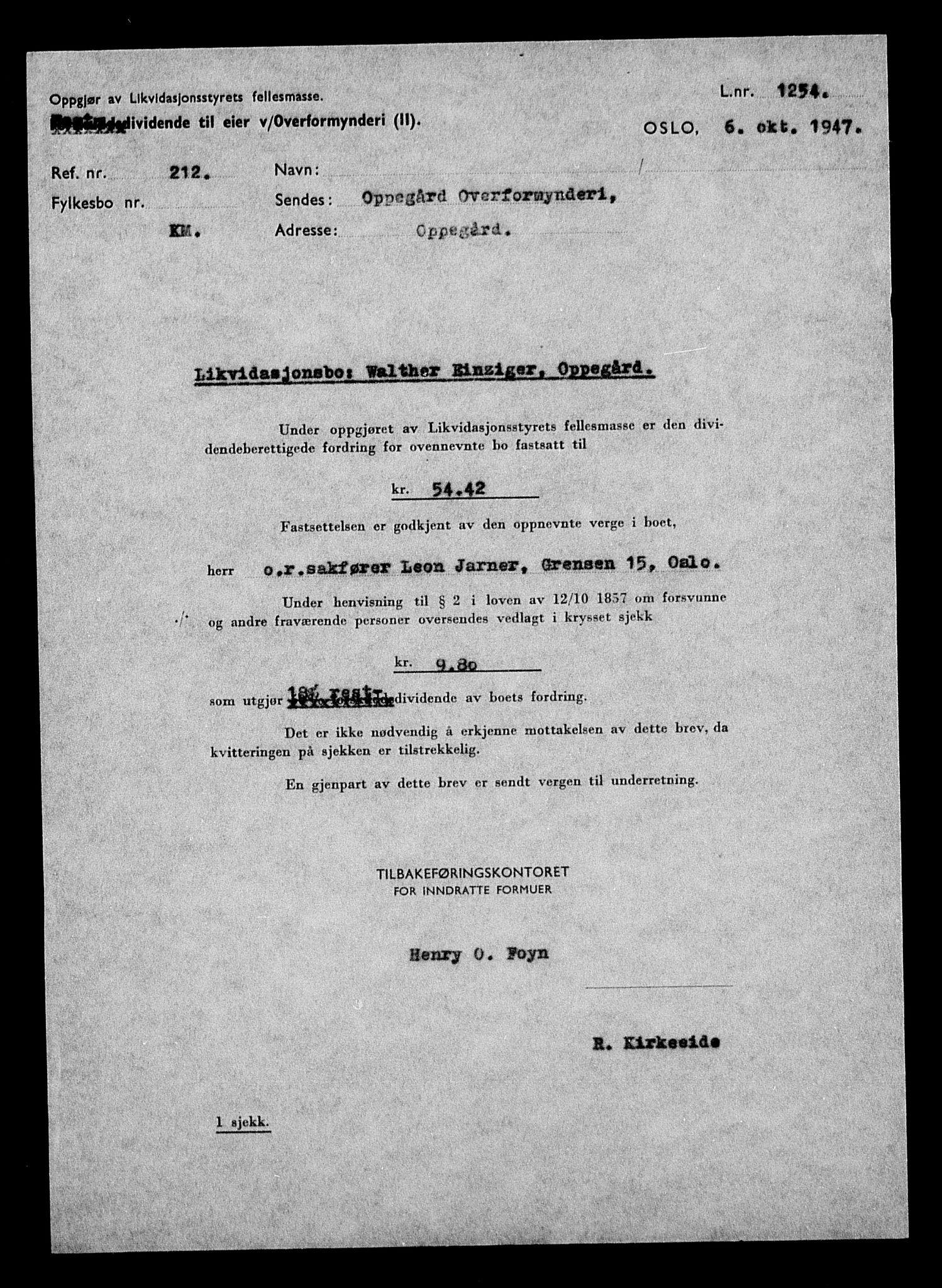 Justisdepartementet, Tilbakeføringskontoret for inndratte formuer, AV/RA-S-1564/H/Hc/Hcc/L0932: --, 1945-1947, p. 439